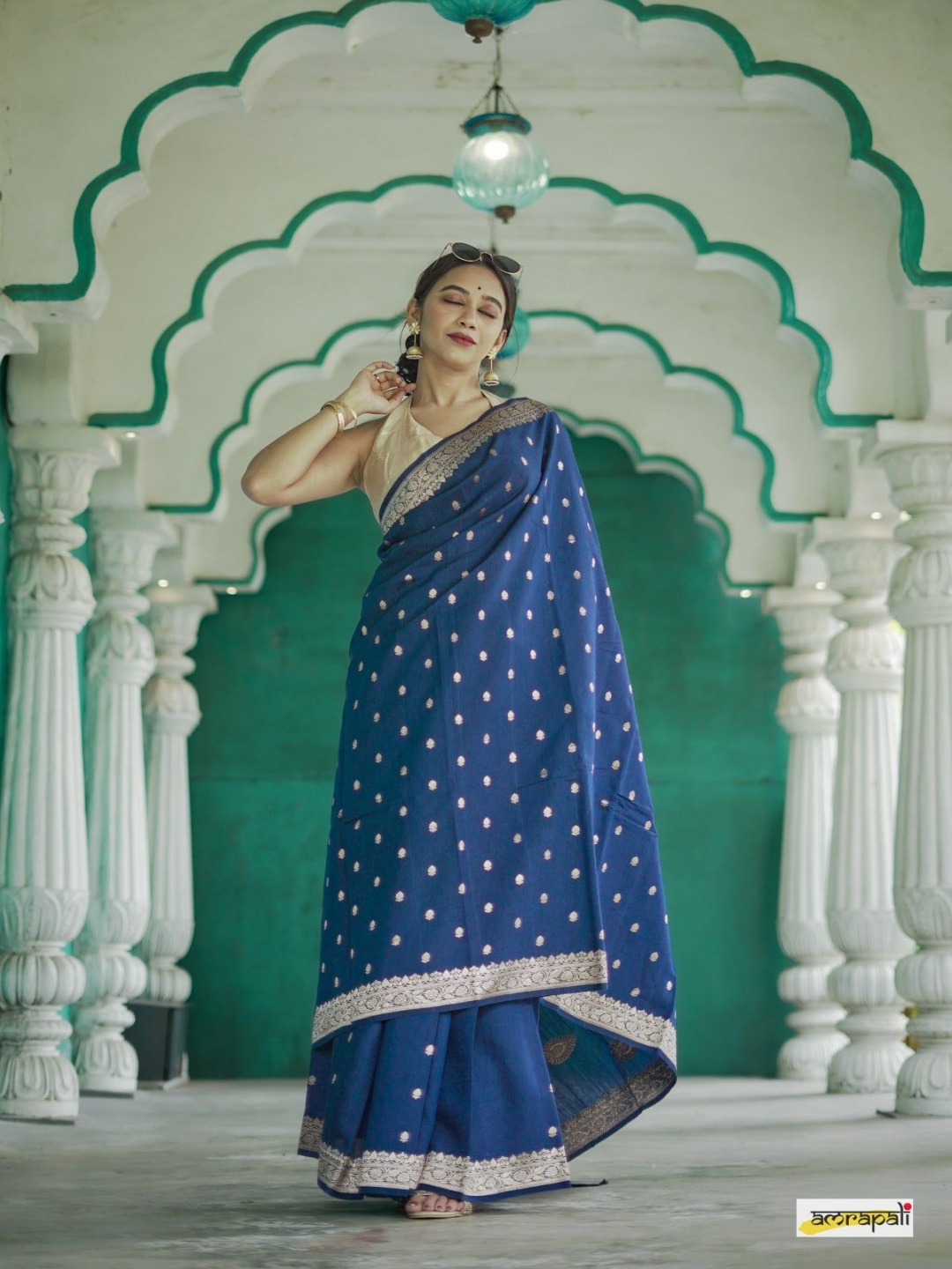 

S.K.C Ethnic Motifs Woven Design Pure Silk Banarasi Saree, Navy blue