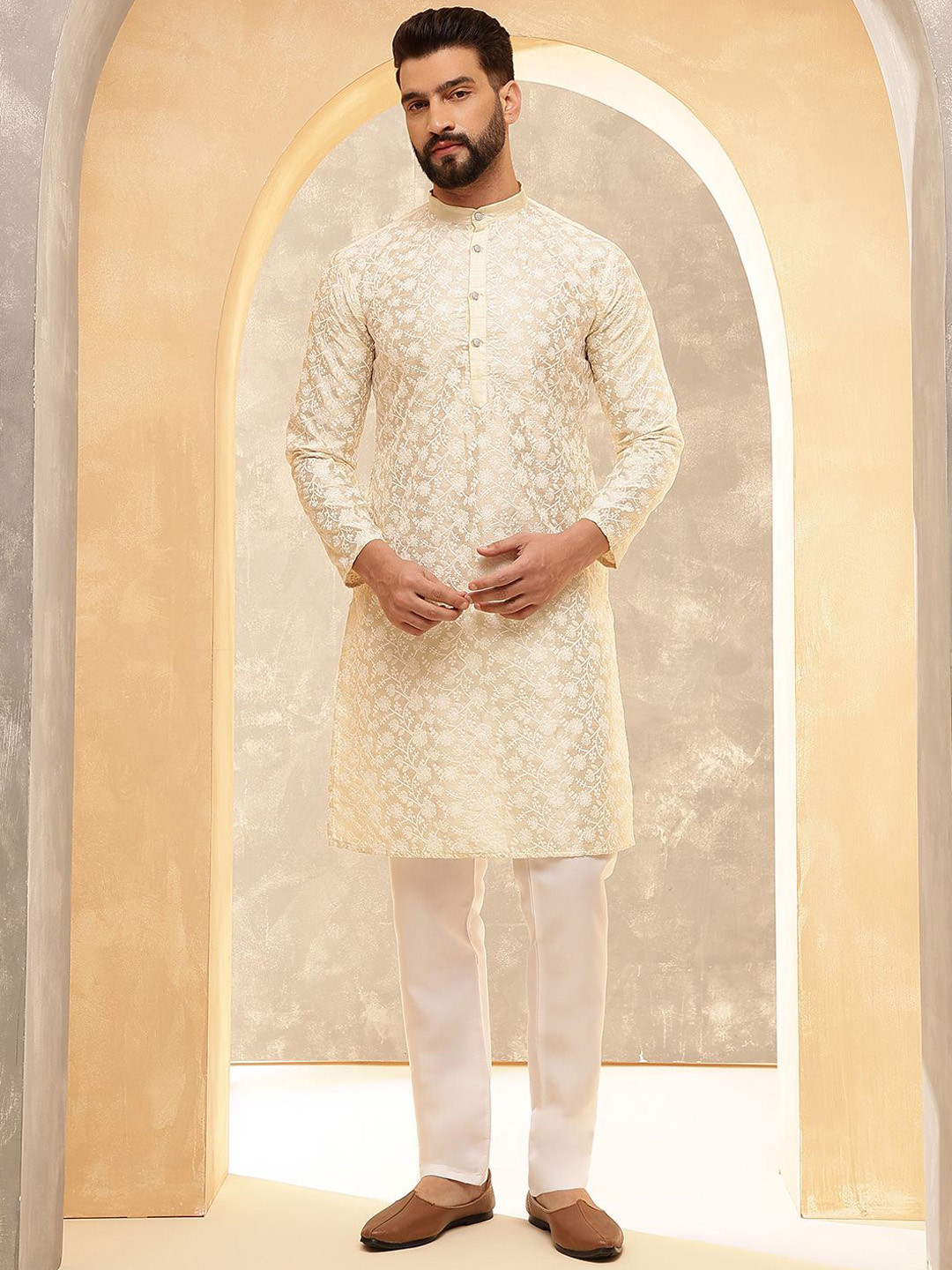 

Anouk Cream Embroidered Mandarin Collar Kurta With Trouser