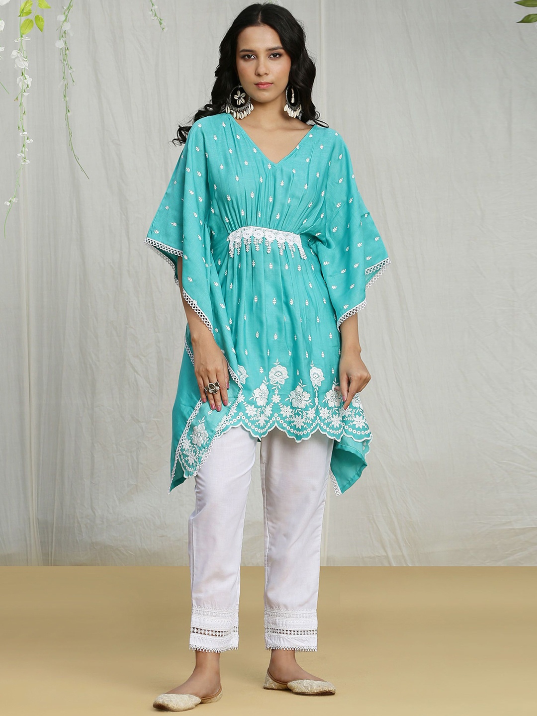 

SEW Women Embroidered V-Neck Kaftan Kimono Sleeves Top, Blue