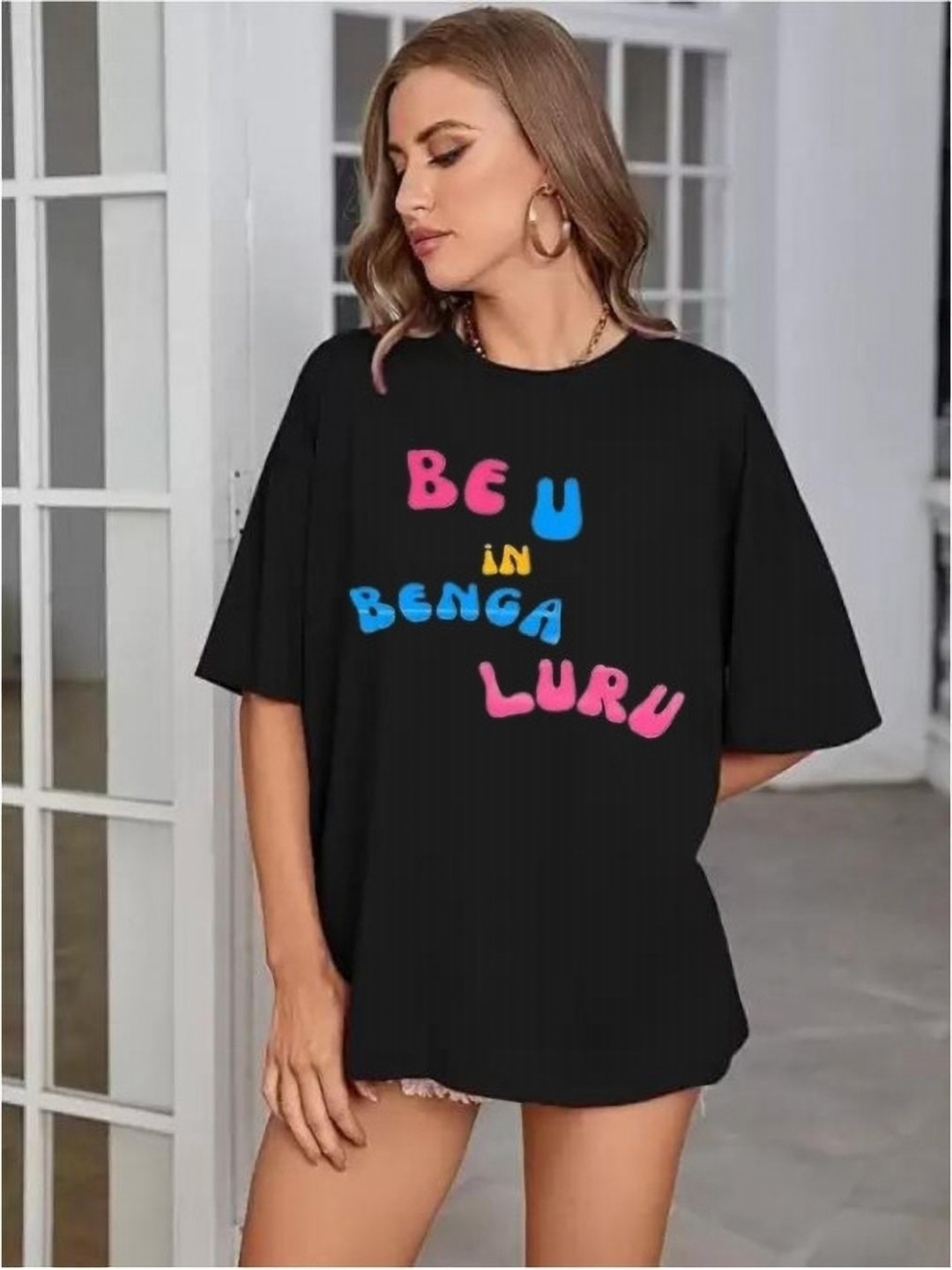 

SALUJA FABRICS Women Typography Printed Applique T-shirt, Black
