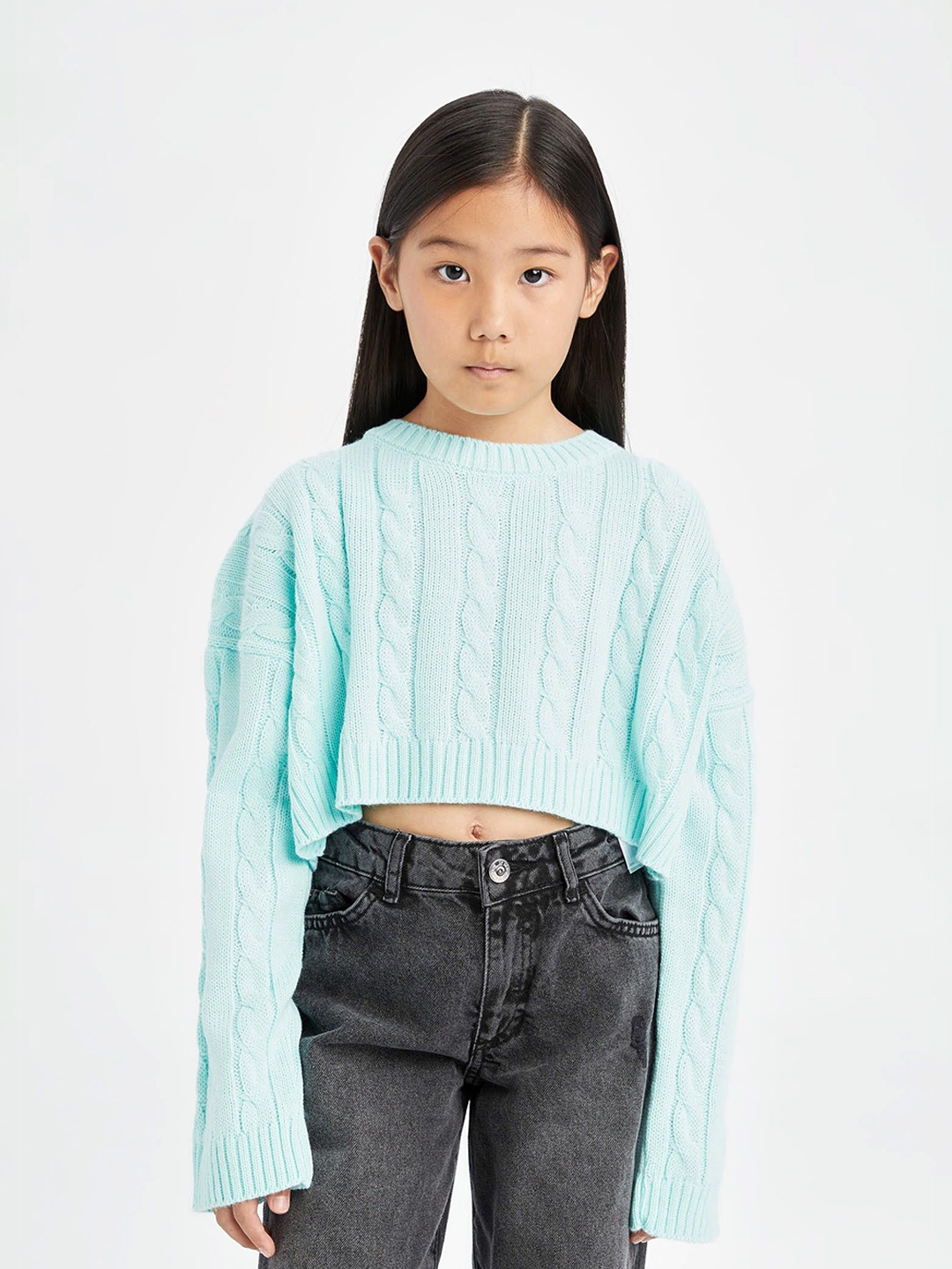 

DeFacto Girls Cable Knit Crop Pullover, Blue