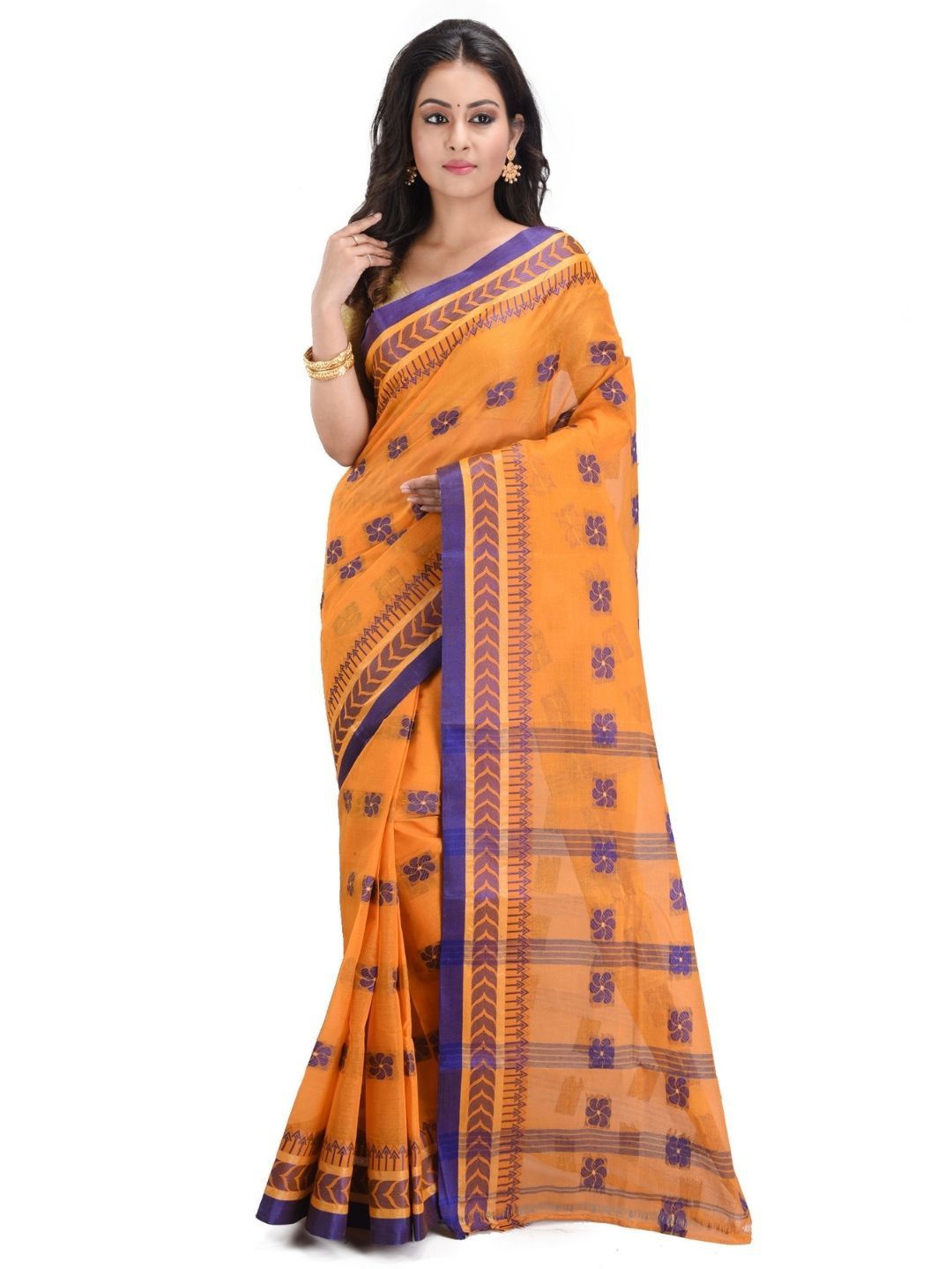 

RAJ SAREE HOUSE Ethnic Motifs Woven Design Pure Cotton Jamdani Saree, Mustard