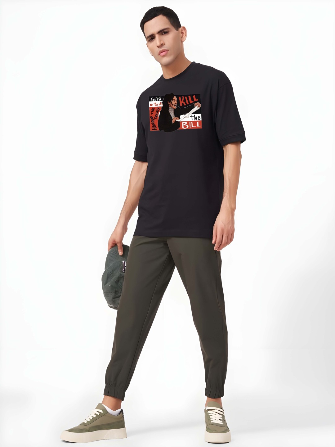 

BOWLIFESTYLE Men Graphic Printed Round Neck Cotton Oversized T-shirt, Black
