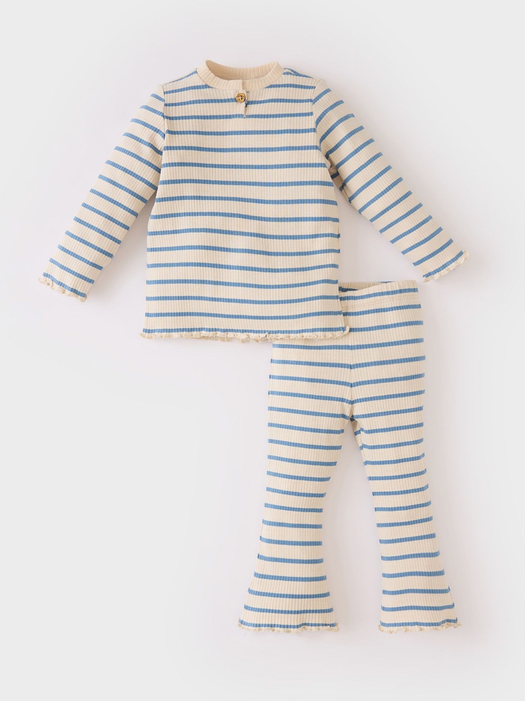 

DeFacto Girls Striped Pure Cotton T-Shirt With Trousers, Beige