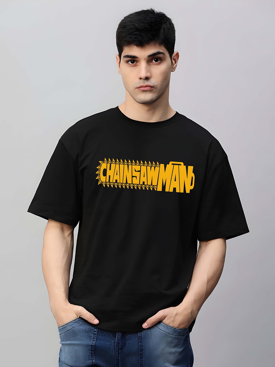 

Krimmple Men Graphic Printed Round Neck Cotton Oversized T-shirt, Black