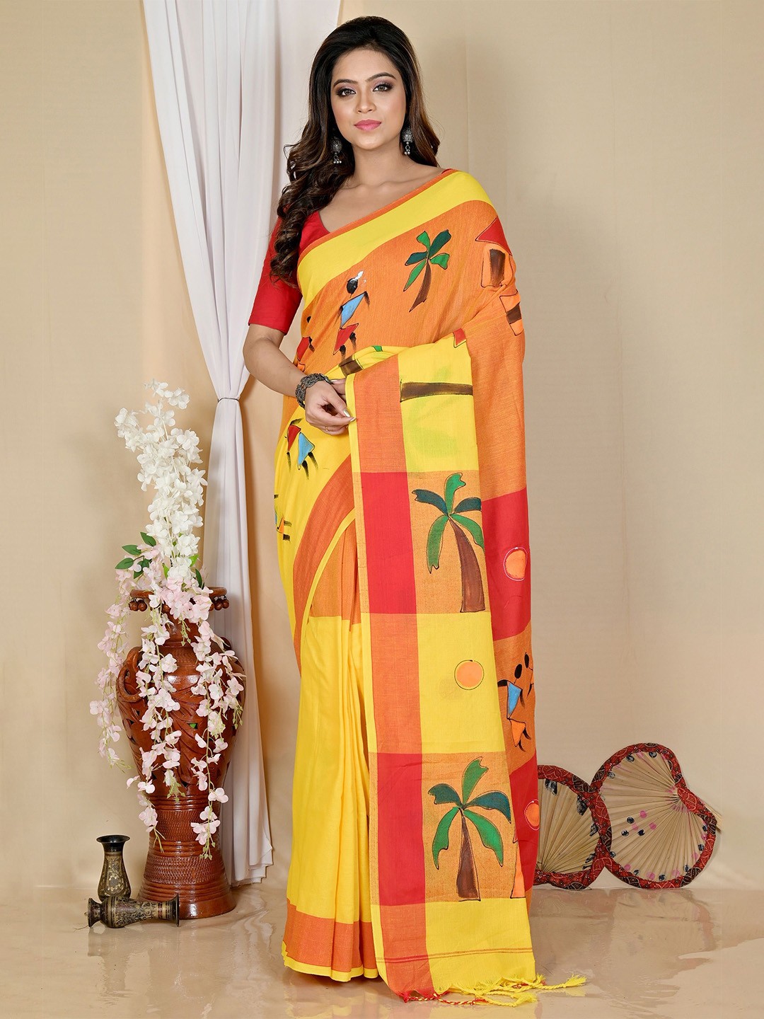 

DipDiya Women Pure Cotton Taant Saree, Yellow