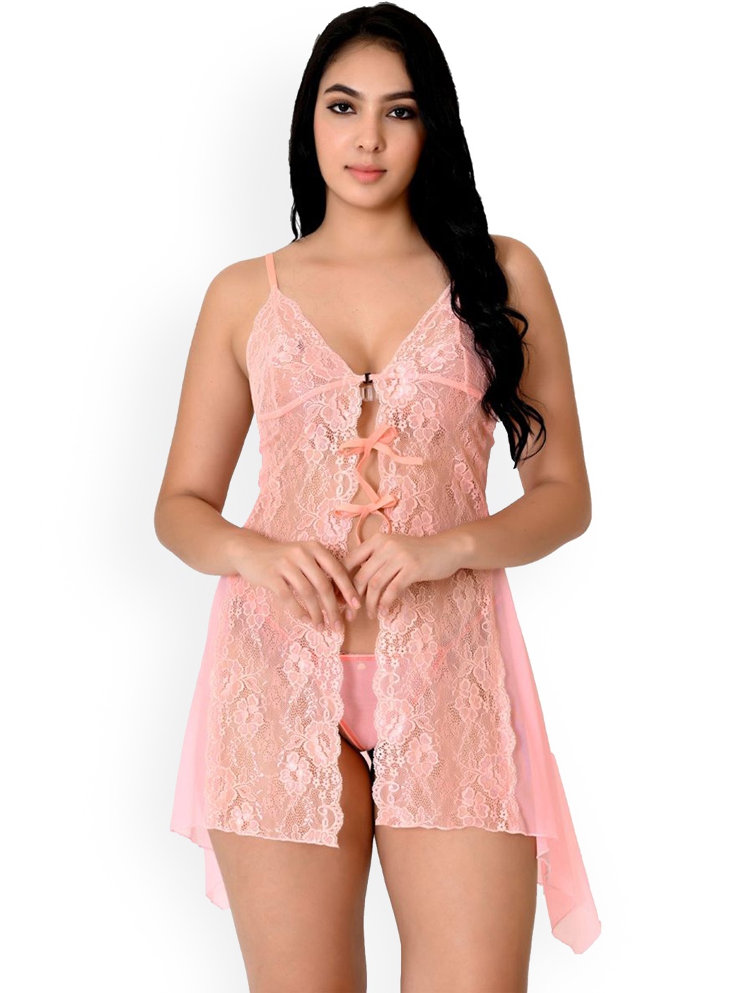 

Fihana Women Shoulder Straps Net Baby Doll with Asymmetric, Peach