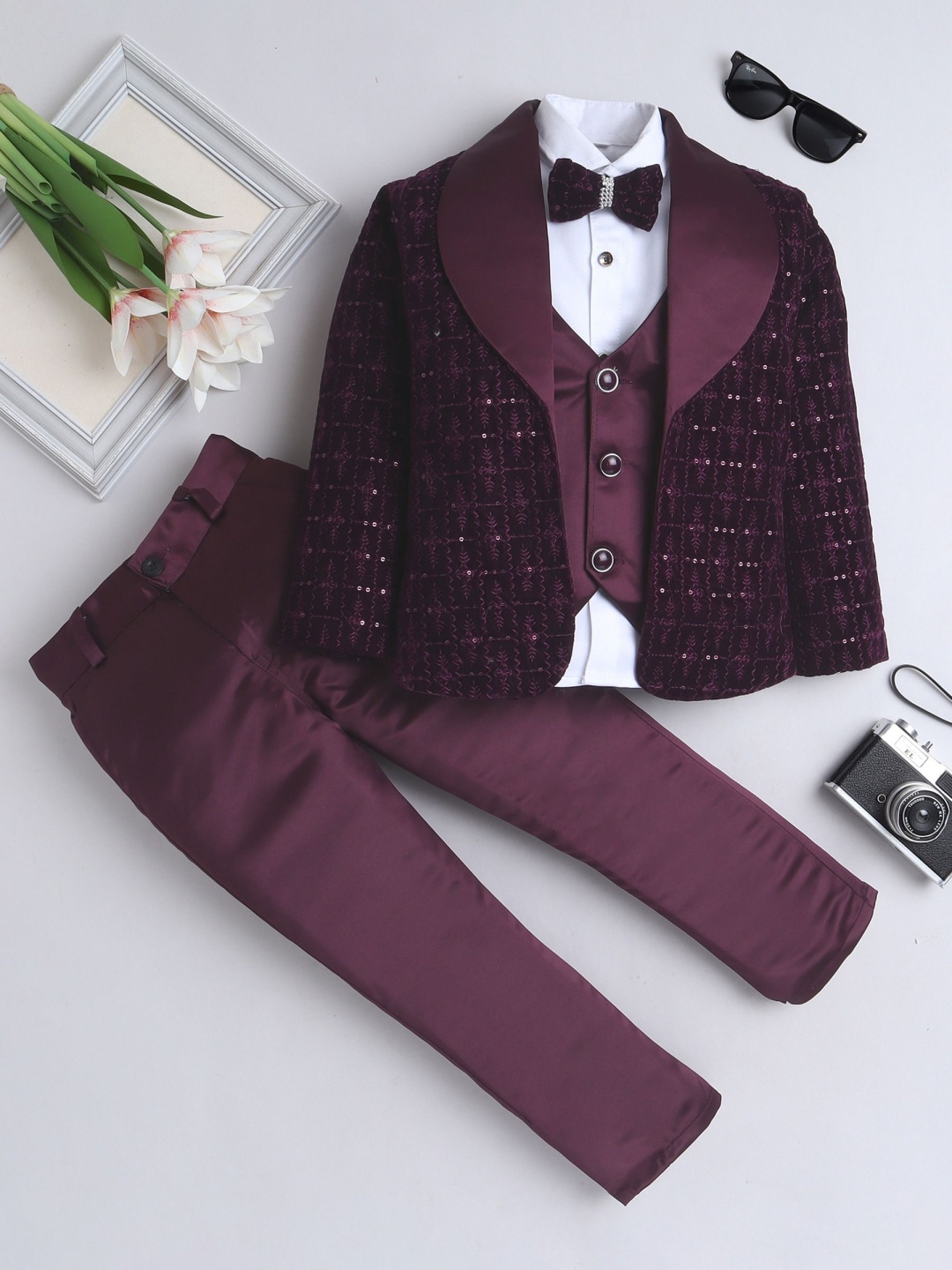 

BAESD Boys Self Design Shawl Collar 3 Piece Suit, Na