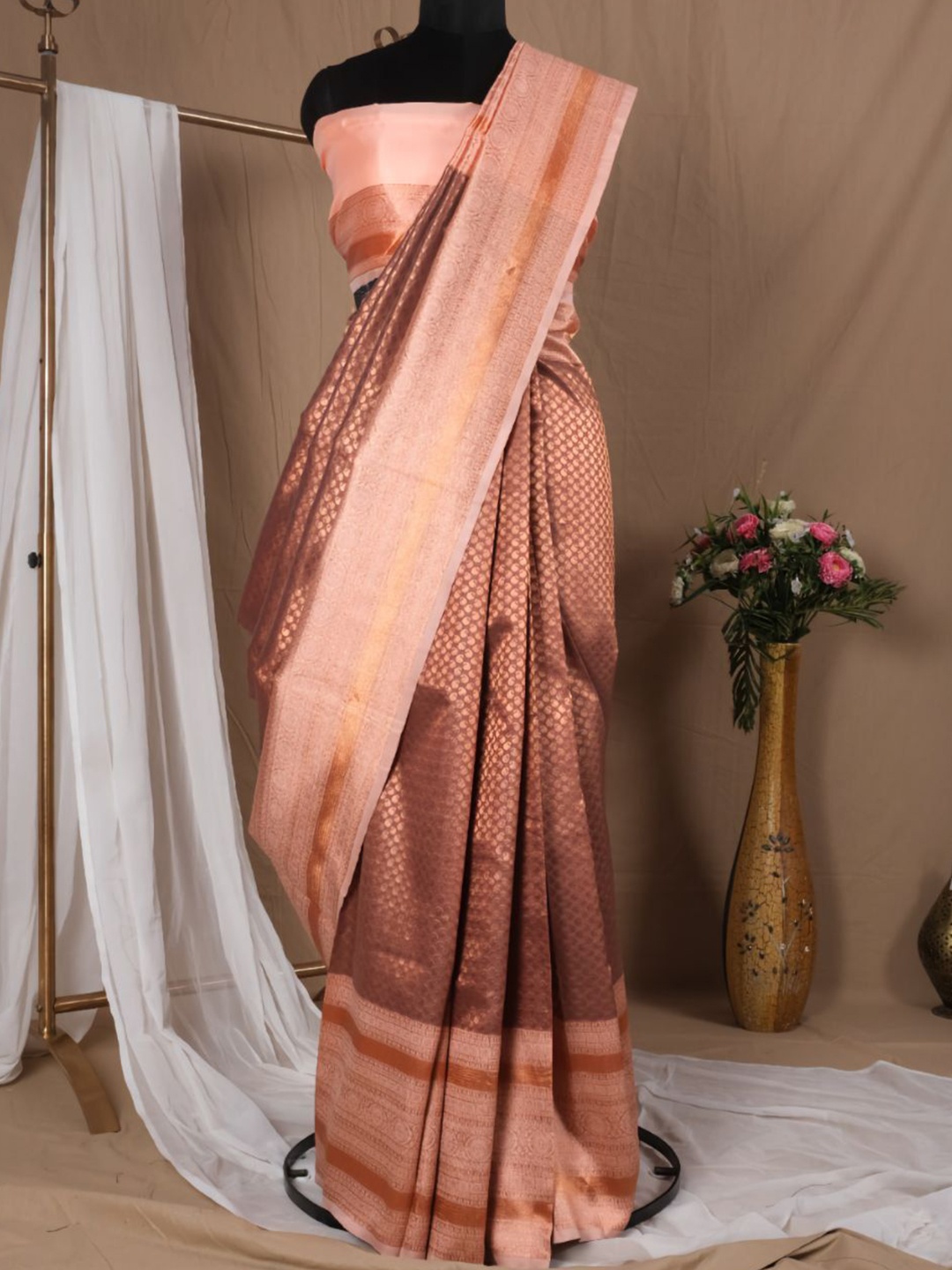 

Taslar Woven Design Zari Pure Silk Banarasi Saree, Copper