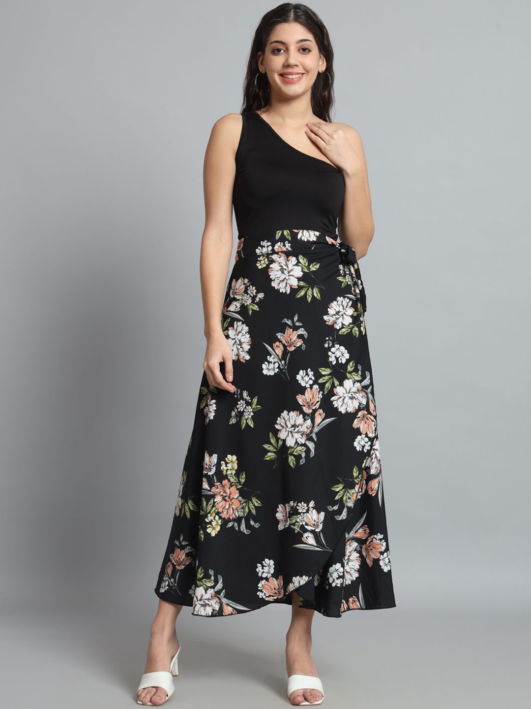 

BODYFIGURE Women Floral Printed Wrap Around Maxi Skirt, Black