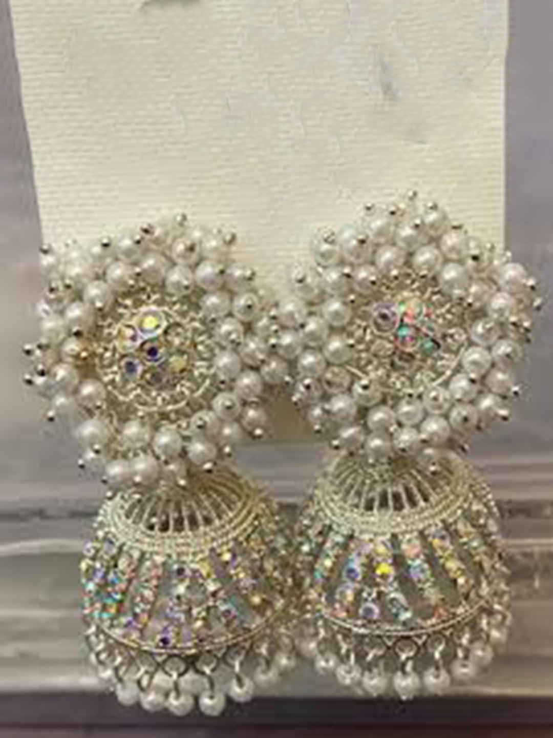 

JMBW INTERNATIONAL Sterling Silver Artificial Stones Studded And Beaded Dome Shape Jhumkas