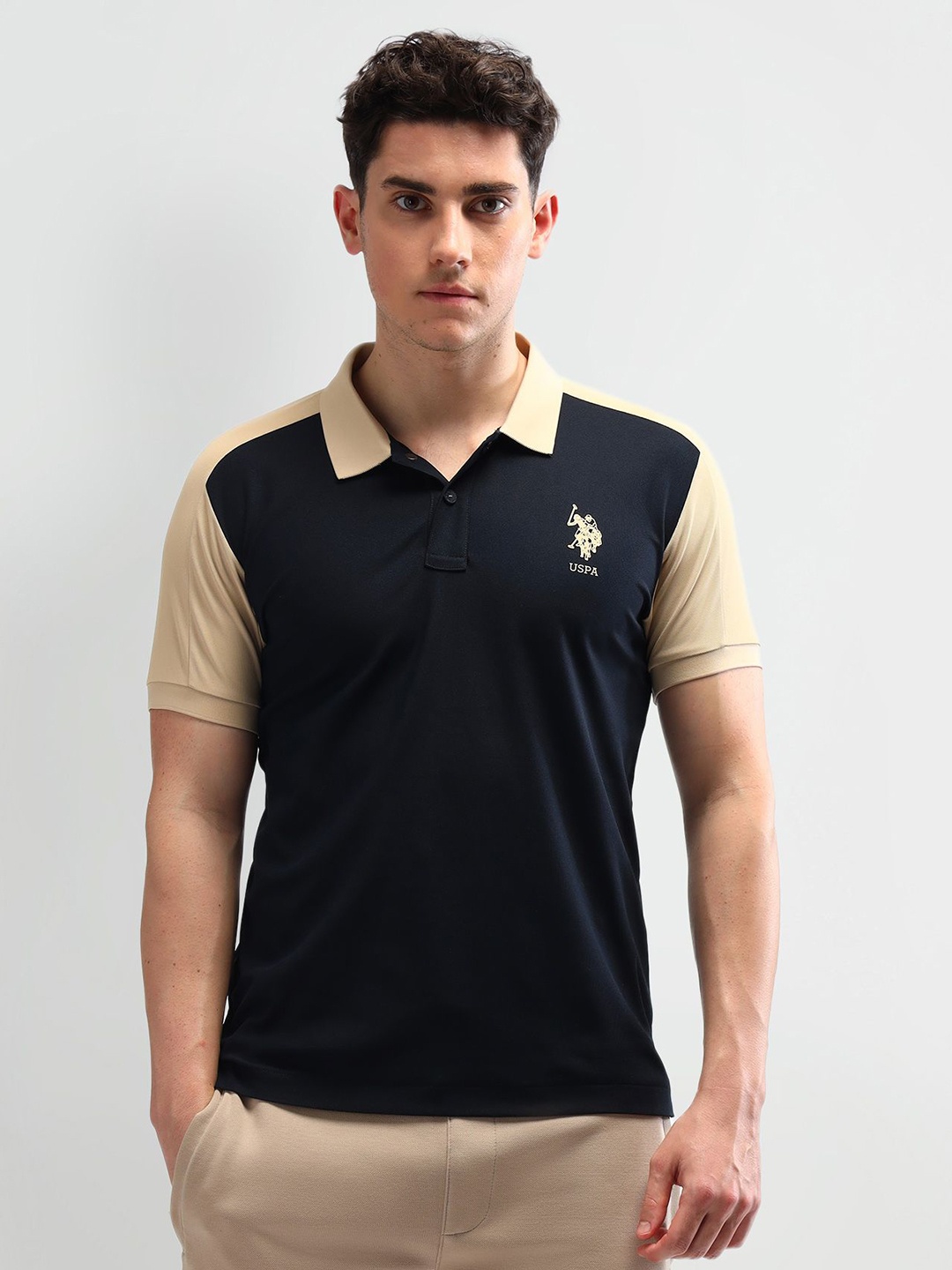 

U.S. Polo Assn. Men Colourblocked Polo Collar Slim Fit T-shirt, Beige
