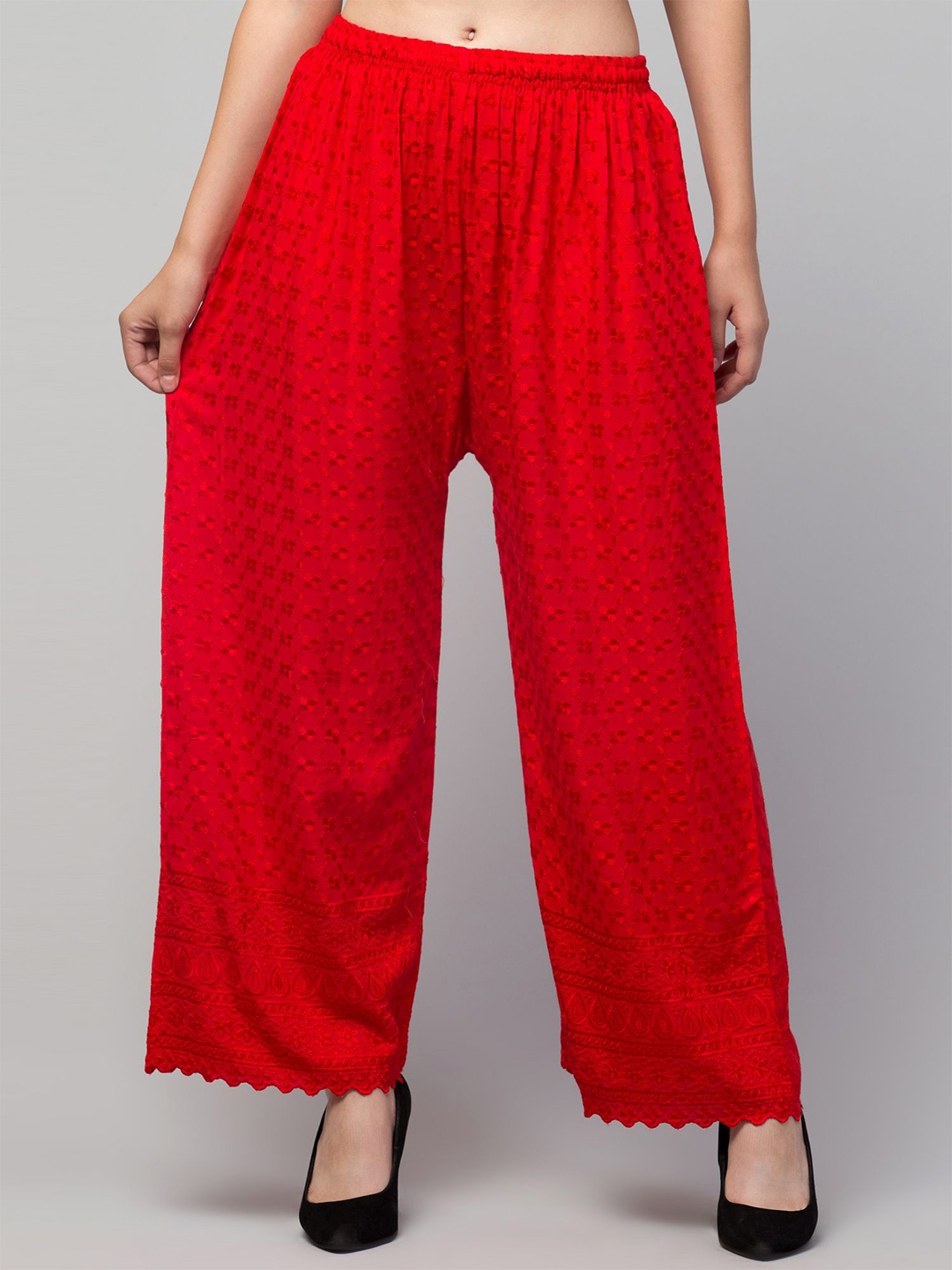 

FAMBEE Women Floral Embroidered Flared Knitted Palazzos, Red