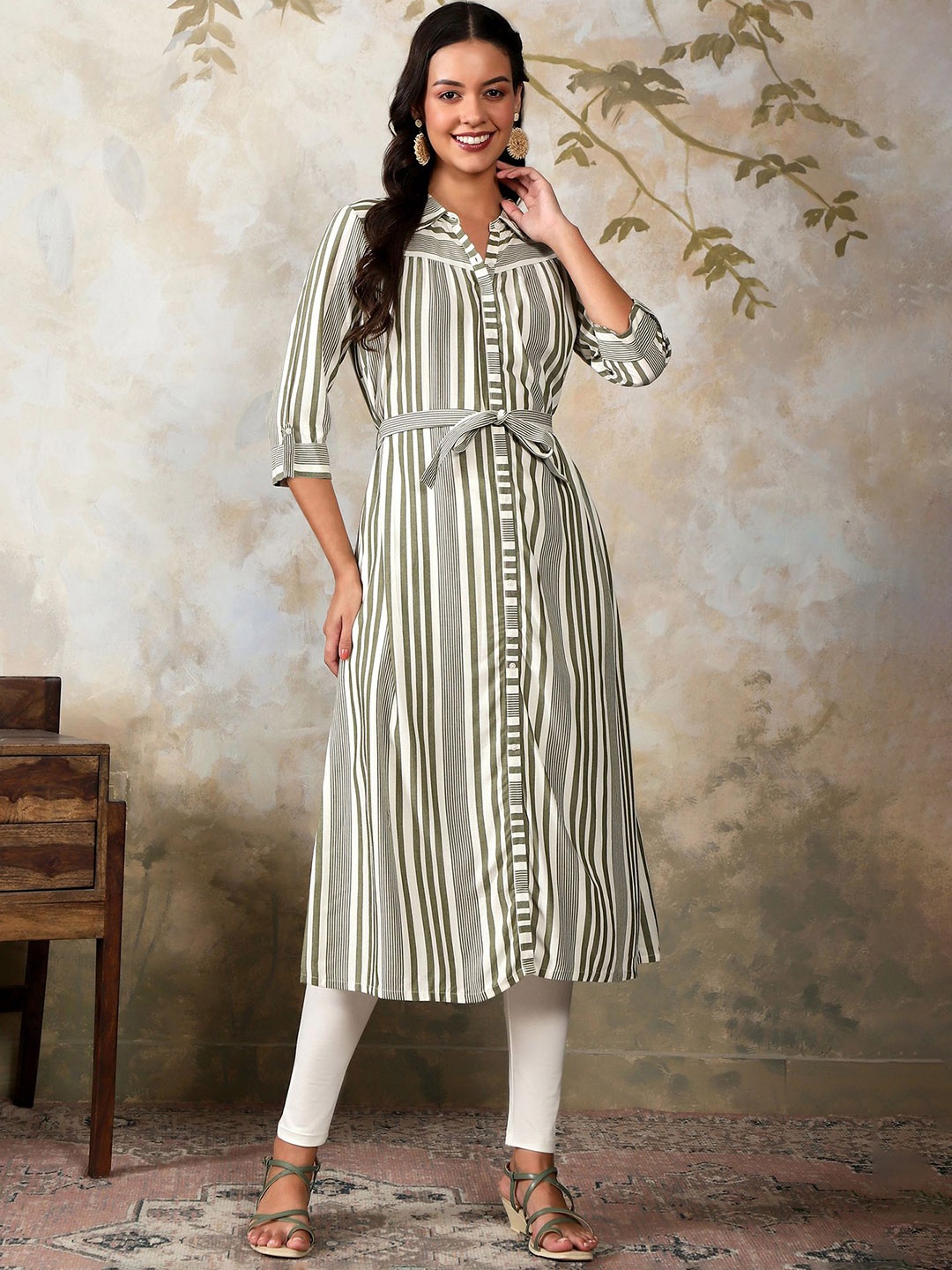 

AURELIA Striped Shirt Collar Kurta A-Line Kurta with Leggings, Olive