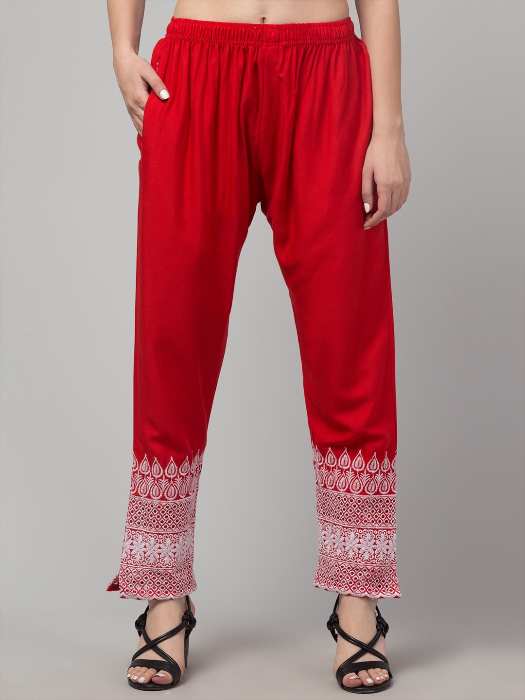 

FAMBEE Women Embroidered High Rise Flared Fit Trouser, Red