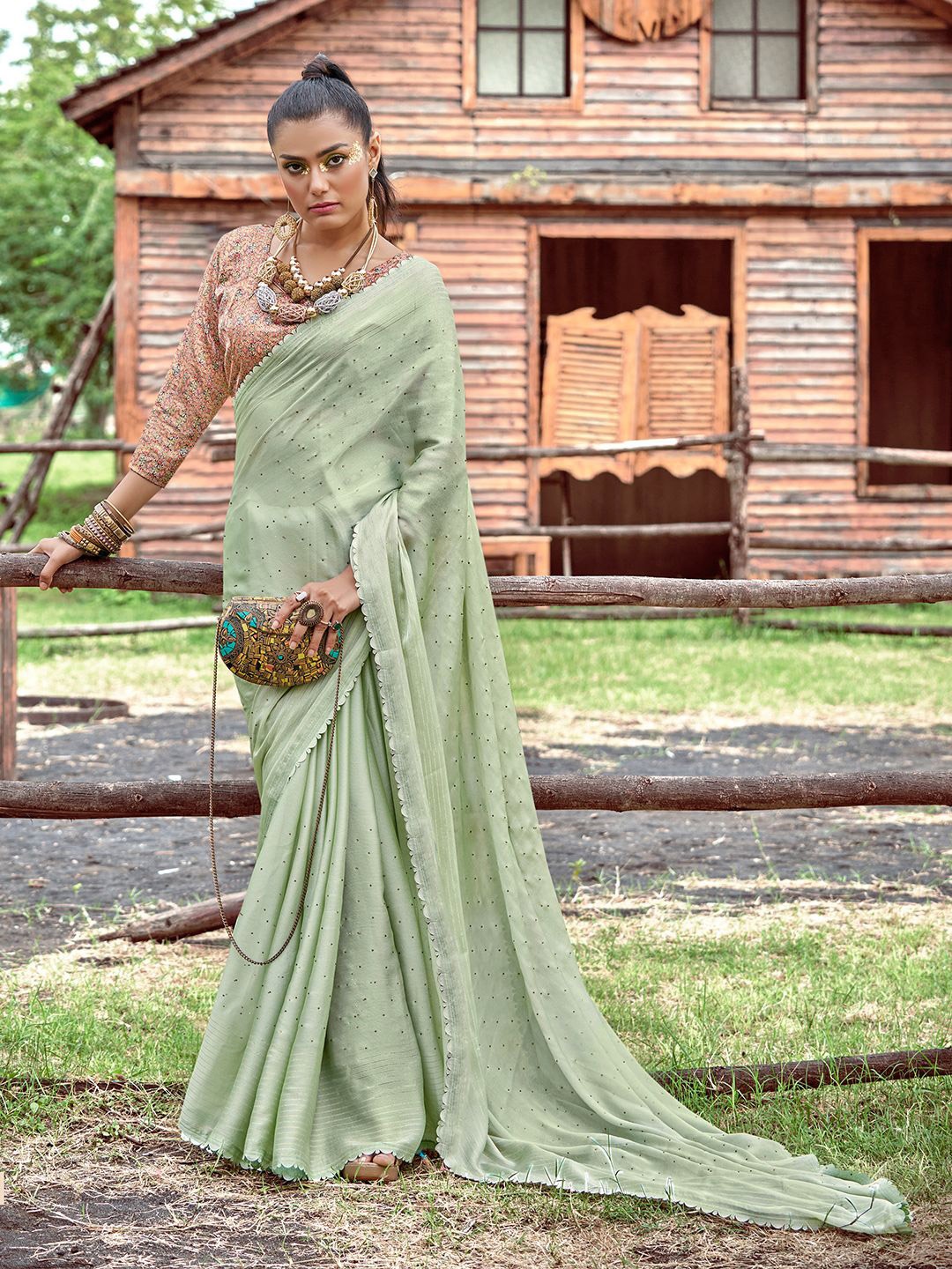 

Mitera Embellished Beads and Stones Saree, Green