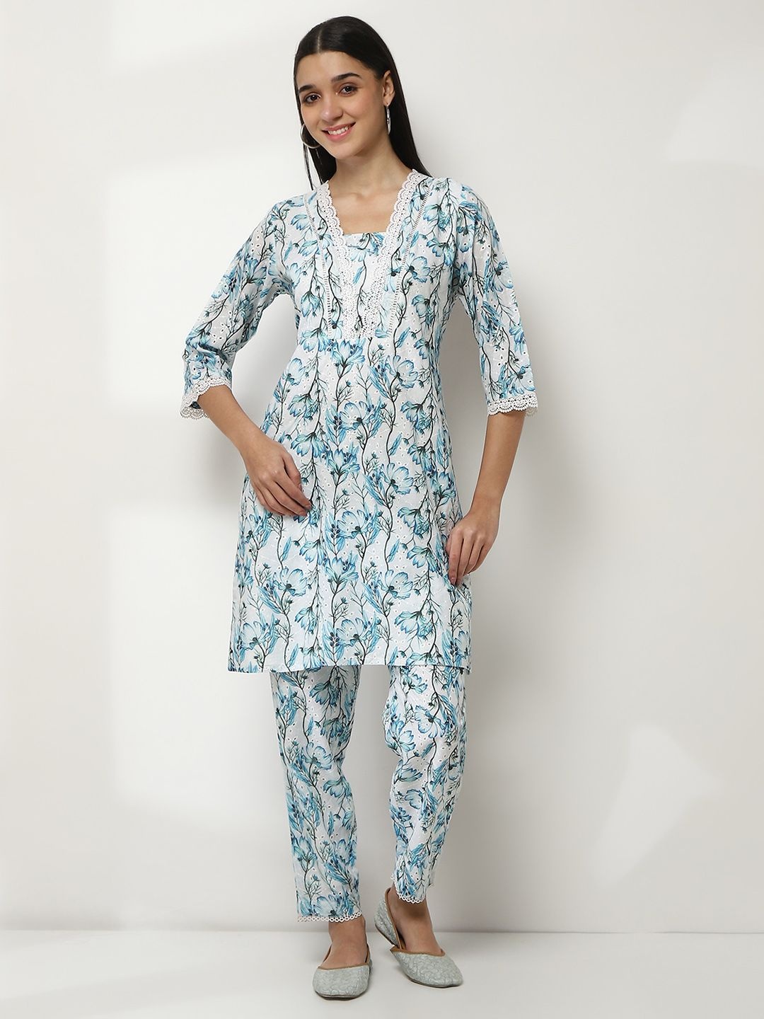 

Rangriti Floral Printed V-Neck Tunic With Trousers, White