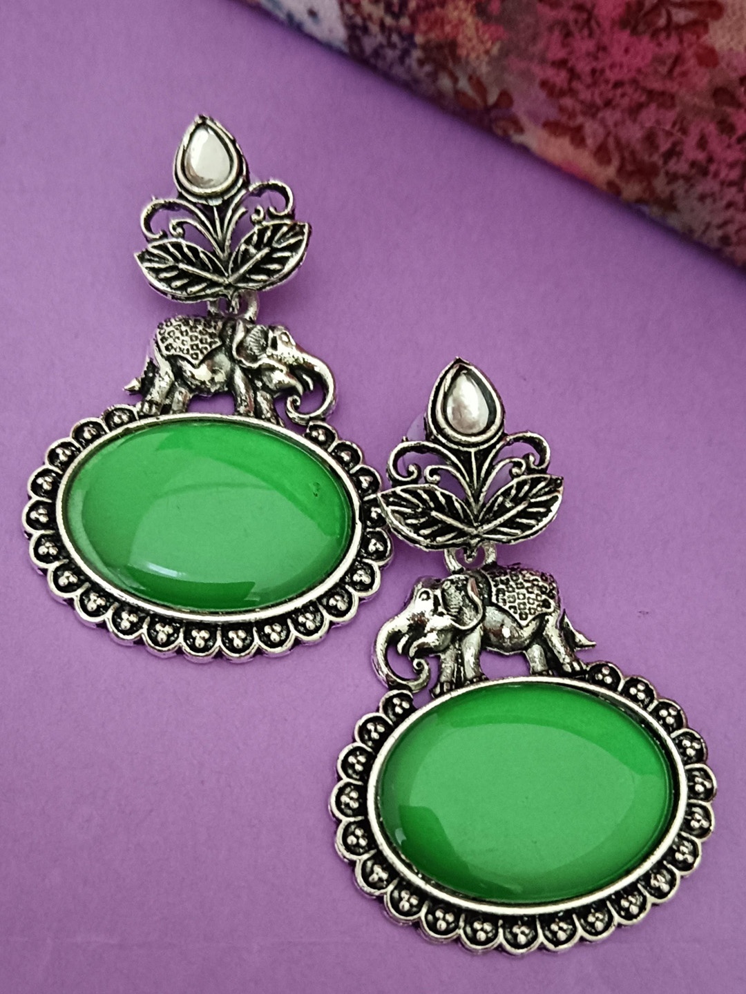 

EVY Silver-Plated Artificial Stones Studded Drop Earrings, Green