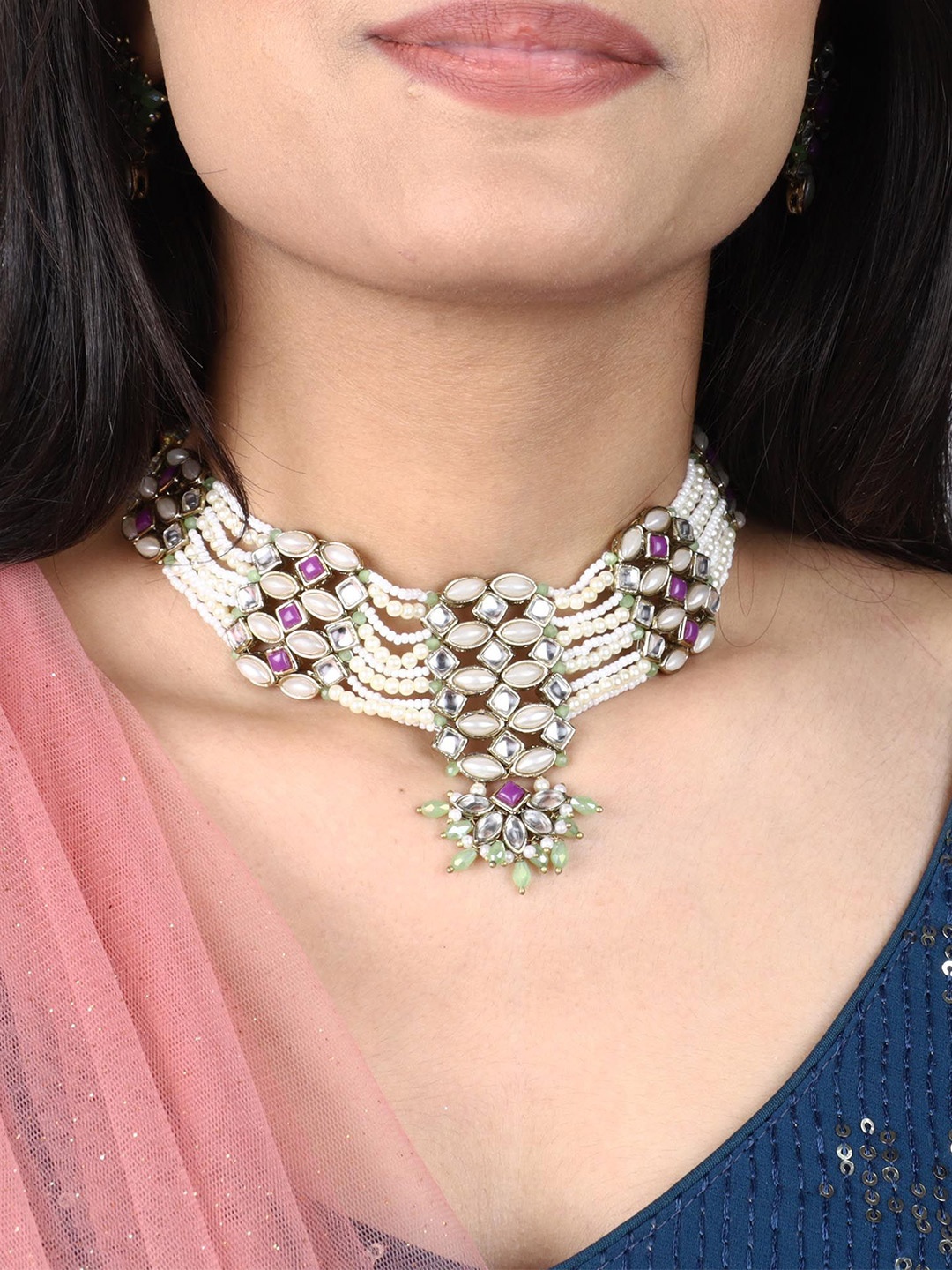 

BeAbhika Gold-Plated Stone Studded & Pearls Beaded Twirl Choker Necklace