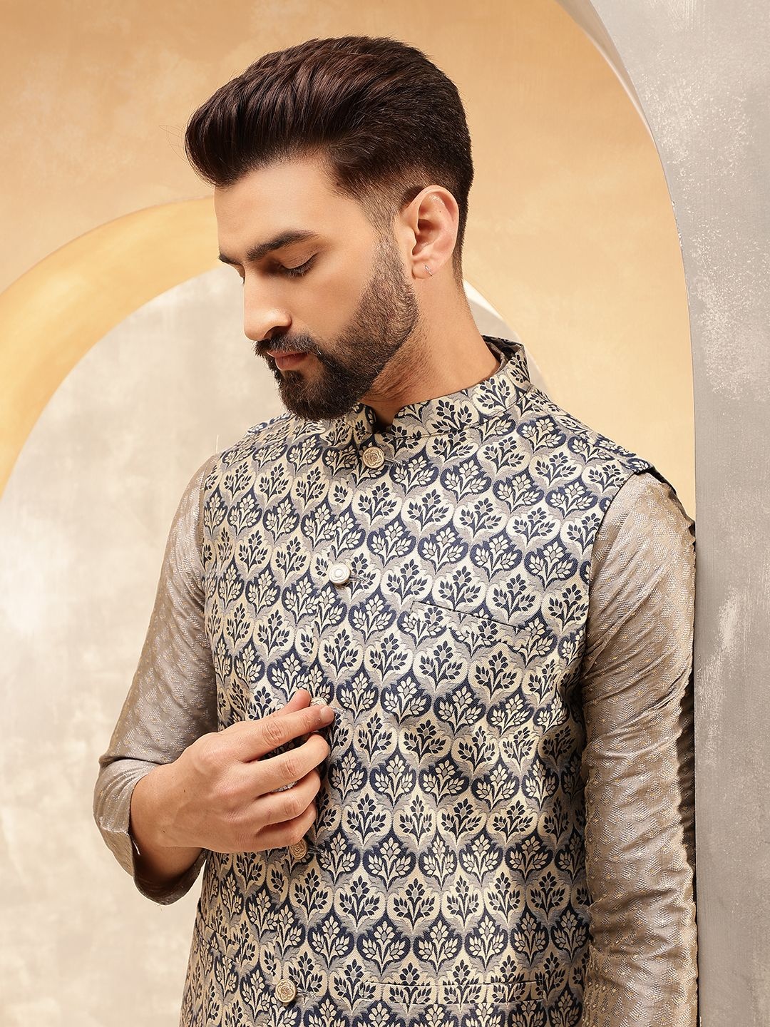 

Anouk Brown Woven Design Jacquard Silk Straight Kurta With Pyjamas And Nehru Jacket