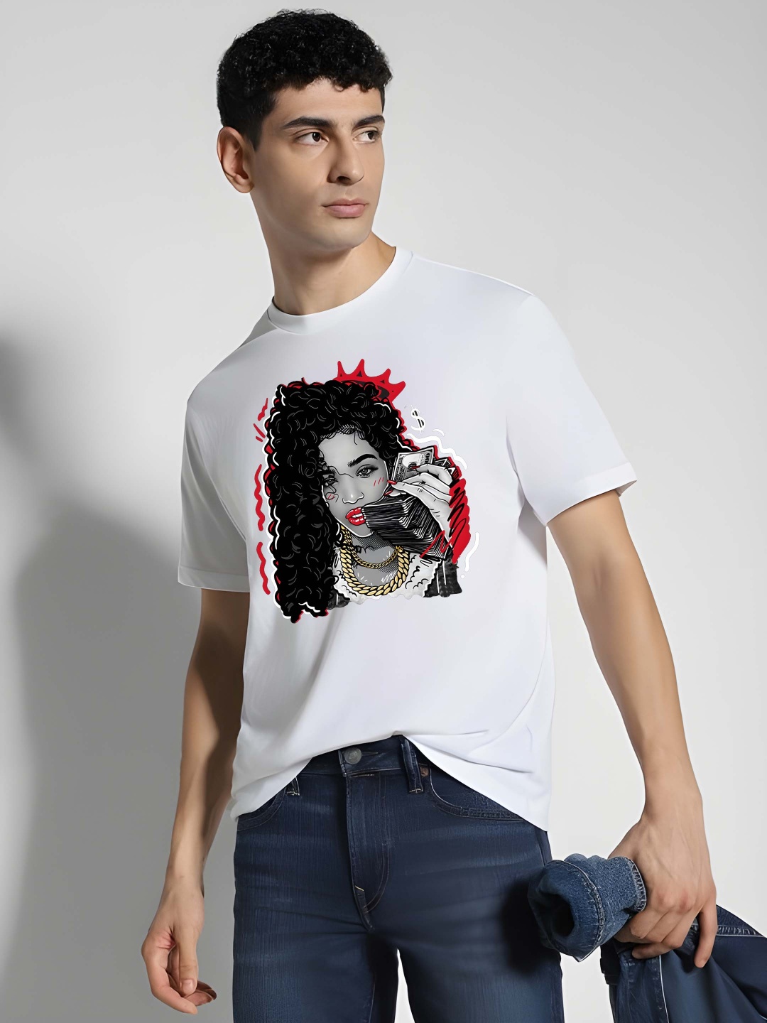 

Krimmple Men Graphic Printed Round Neck Cotton T-shirt, White