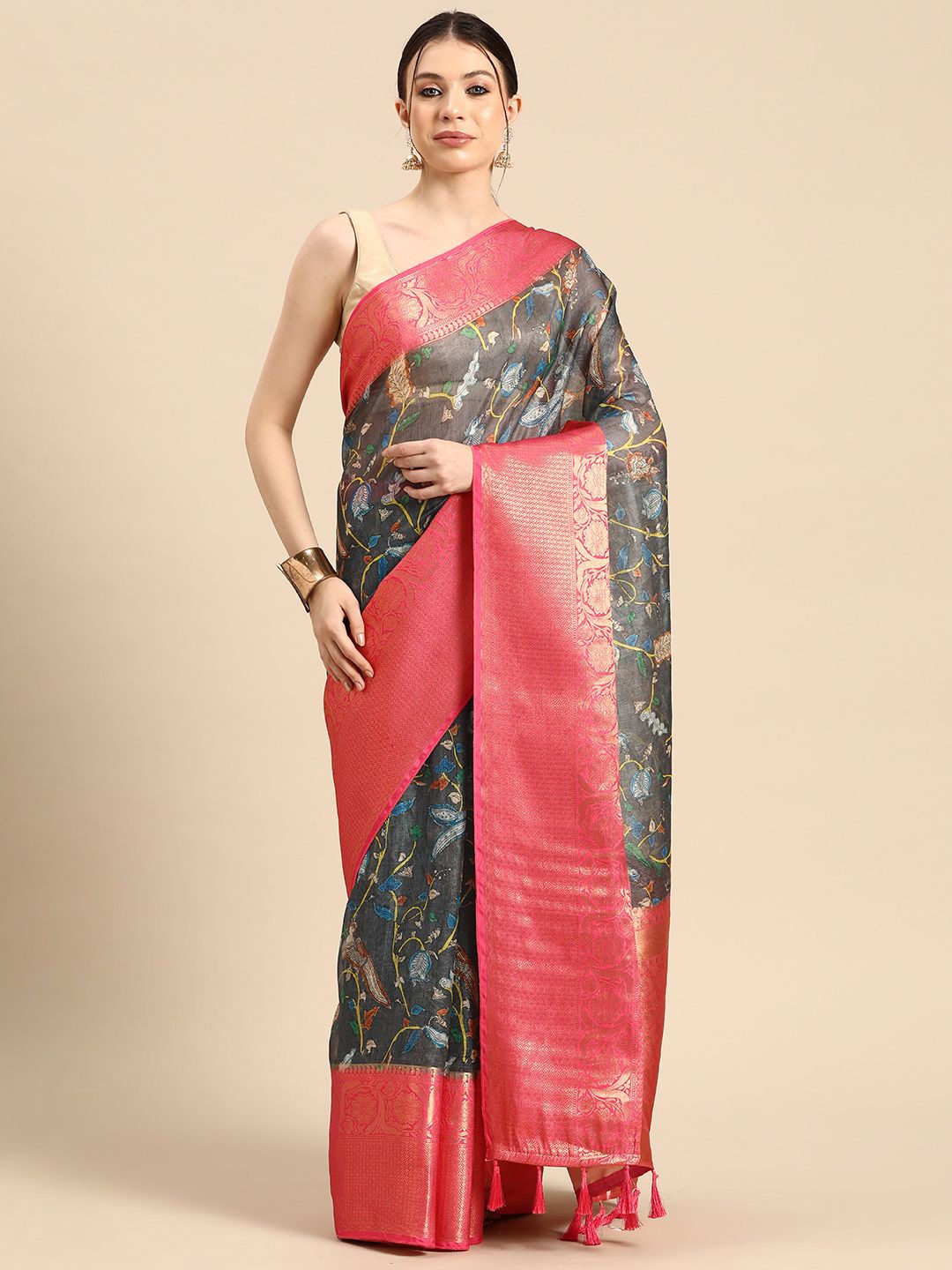 

DIVASTRI Kalamkari Zari Silk Blend Muga Saree, Grey