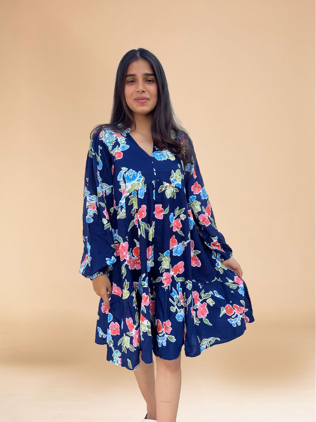

THE WHITE FEATHERS Floral Printed Mandarin Collar Puff Sleeve A-Line Dress, Navy blue