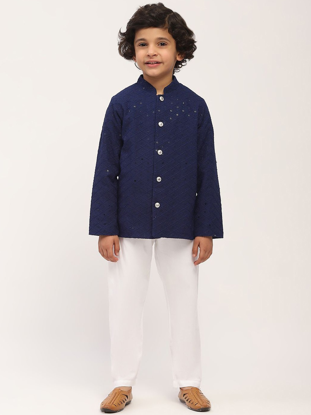 

SPUNKIES Boys Mandarin Collar Solid Cotton Ethnic Tailored Jacket, Navy blue