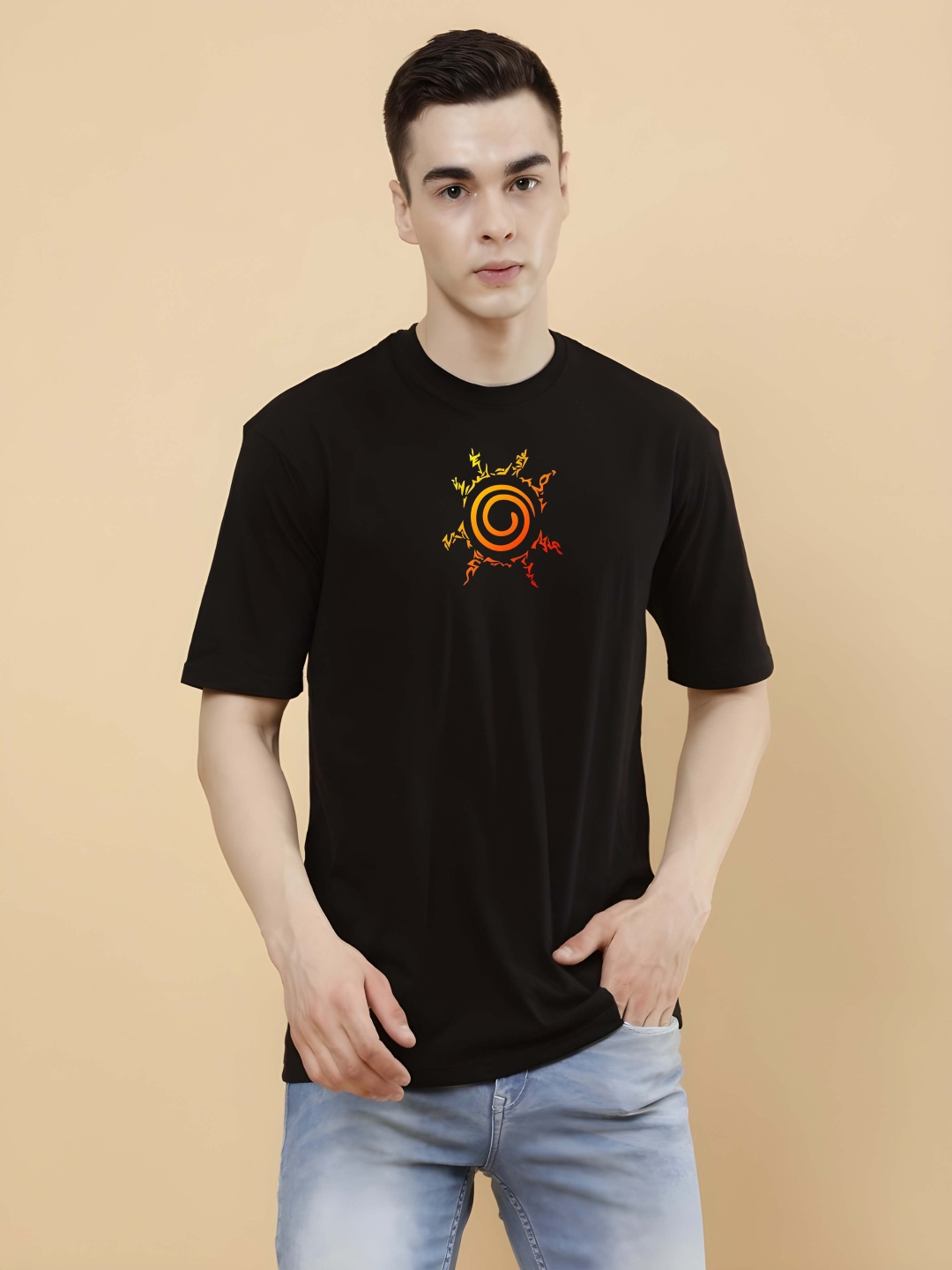 

BOWLIFESTYLE Men Graphic Printed Round Neck Cotton Oversized T-shirt, Black