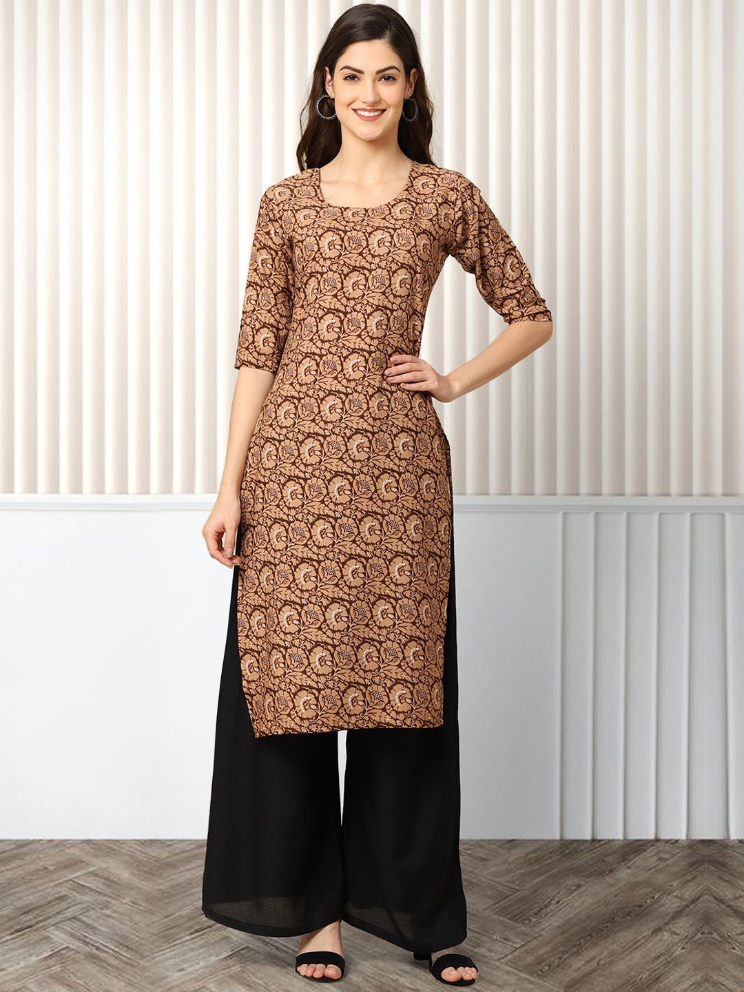 

Moda Rapido Floral Printed Round Neck Straight Kurta, Beige