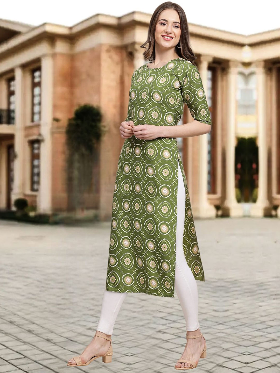 

7Threads Ethnic Motifs Printed Round Neck Straight Kurta, Olive