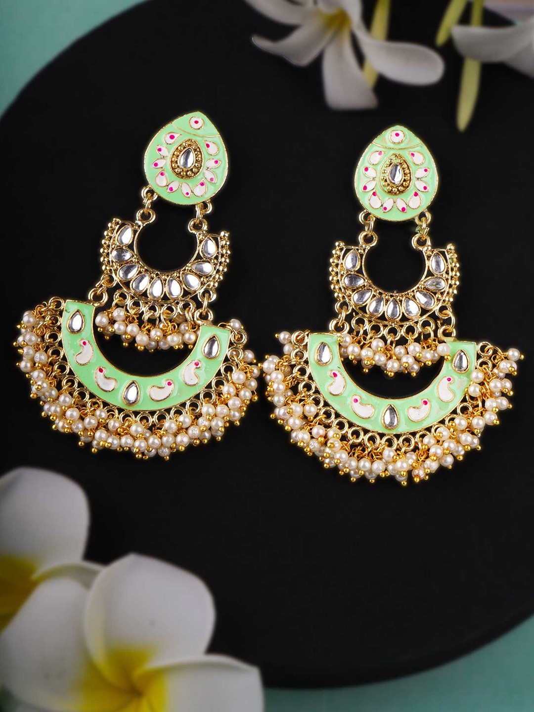 

Adwitiya Collection Gold-Plated Artificial Stone-Studded And Beaded Classic Drop Earrings