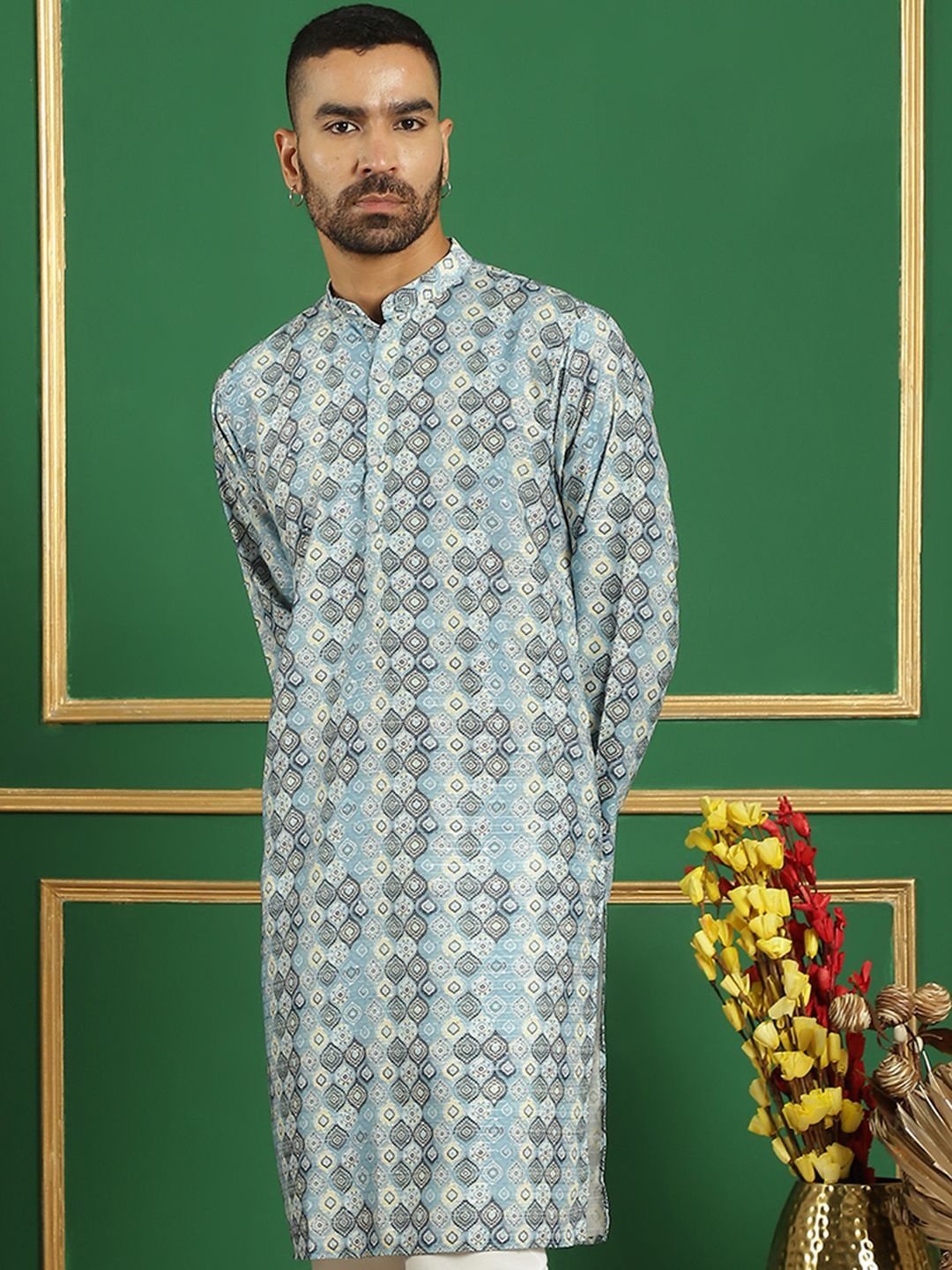 

Anouk Turquoise Blue & Black Ethnic Motifs Printed Band Collar Pure Cotton Straight Kurta