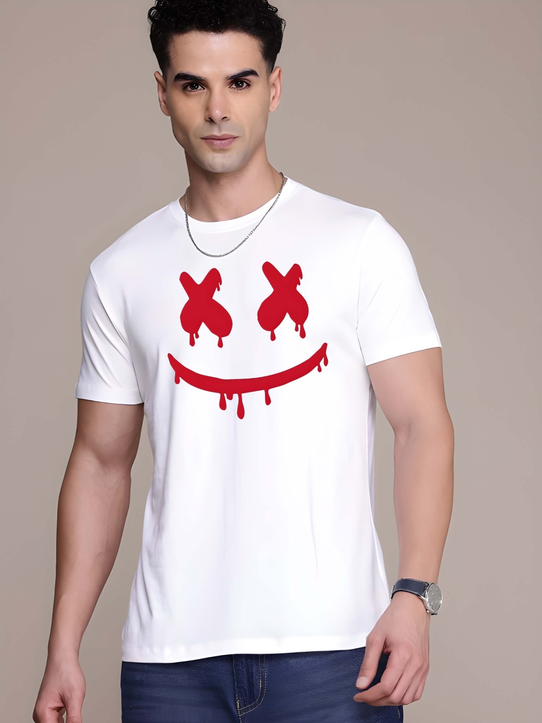 

Krimmple Men Graphic Printed Round Neck Cotton T-shirt, White