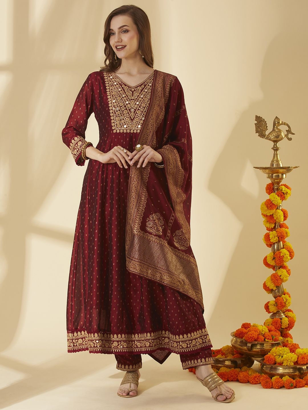 

FASHOR Ethnic Motifs Printed Mirror Work A-Line Kurta With Trousers & Dupatta, Maroon