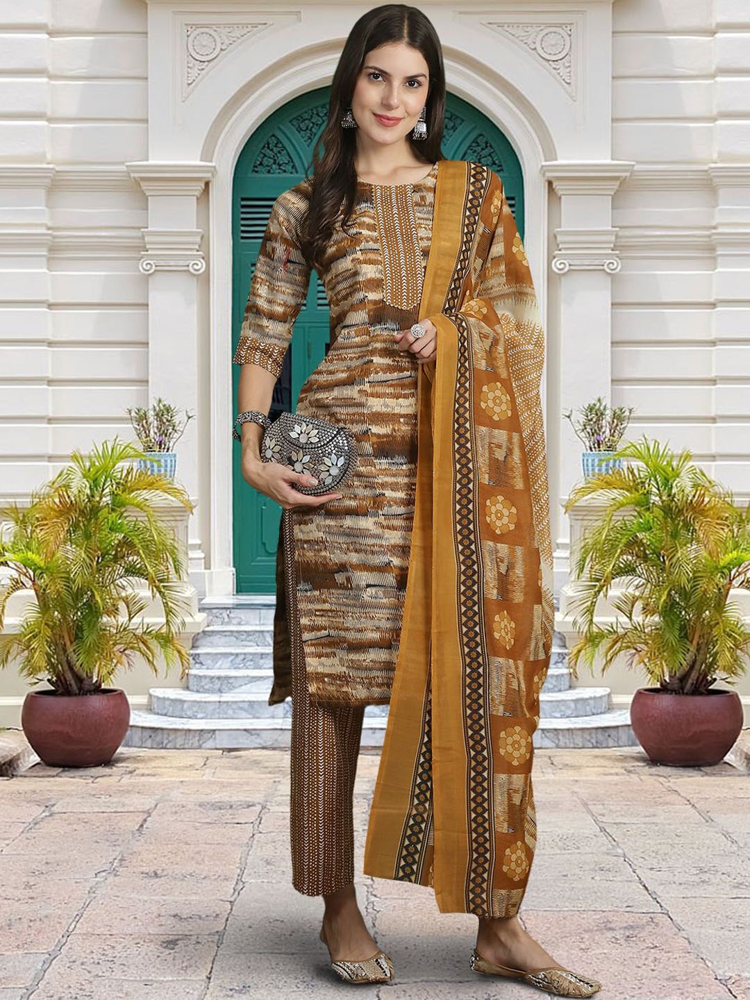 

Moda Rapido Geometric Printed Round Neck Straight Kurta With Trouser And Dupatta, Brown