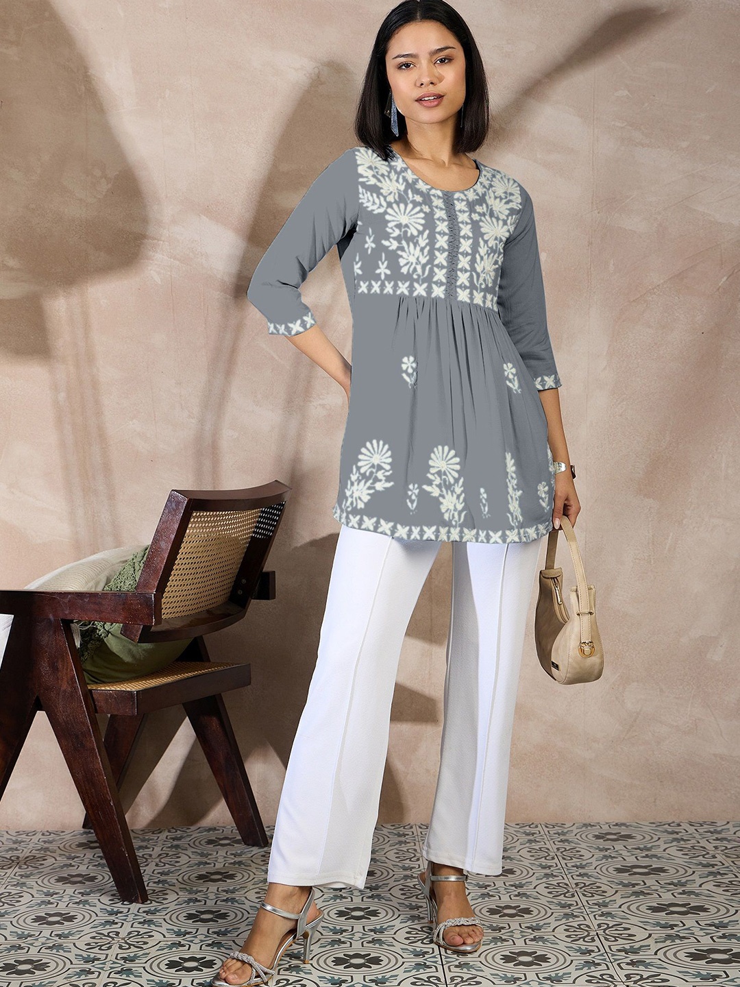 

all about you Women Embellished Chikankari Embroidered Peplum Top, Grey