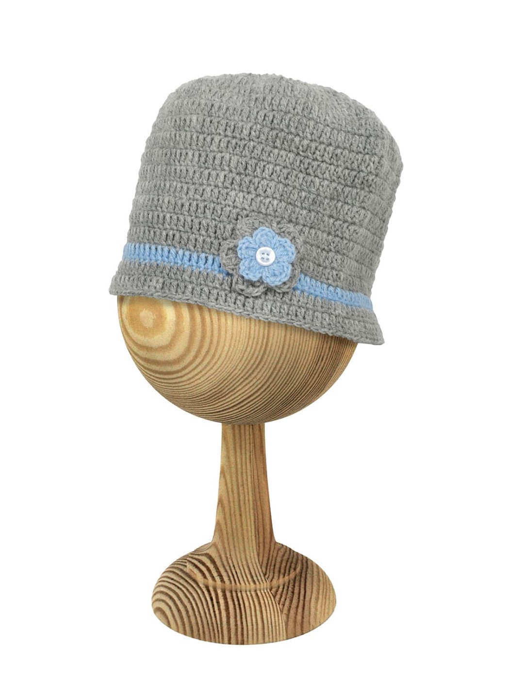 

LITTLE GINNIE Kids Grey & Blue Floral Crochet Woollen Beanie