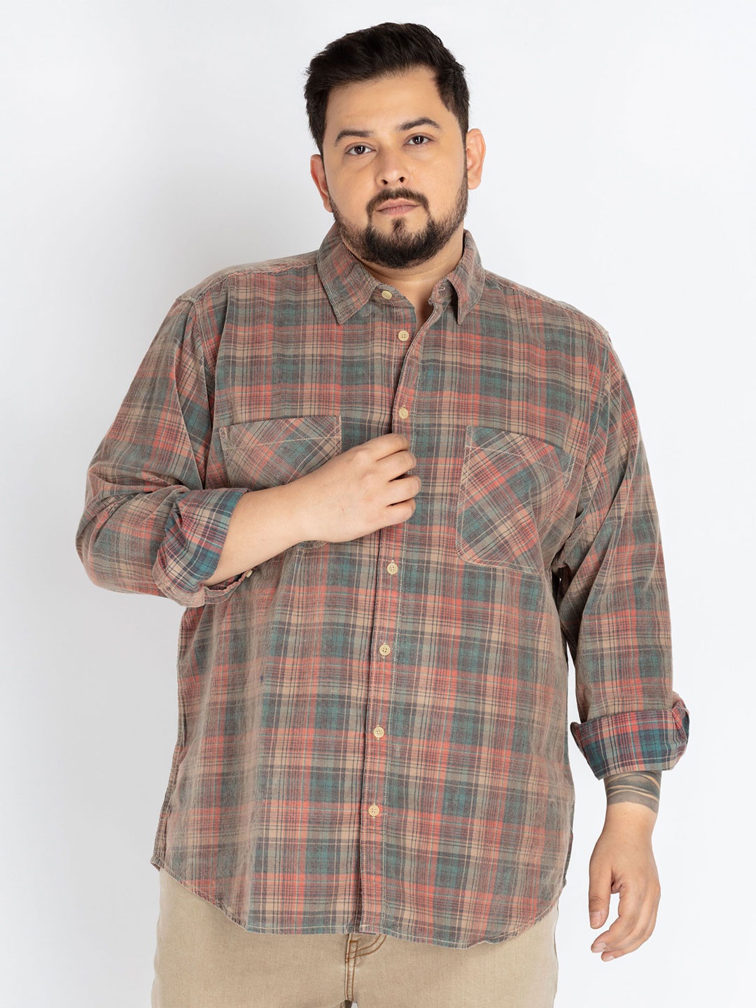 

UNSIZED Men Comfort Oversized Fit Spread Collar Tartan Checked Corduroy Casual Shirt, Peach