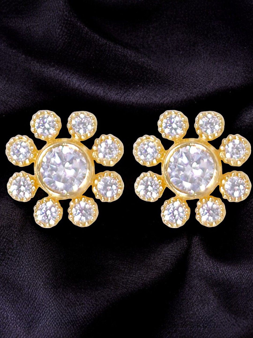 

Taraash 925 Sterling Gold-Plated CZ Studded Floral Round Shaped Studs, Silver