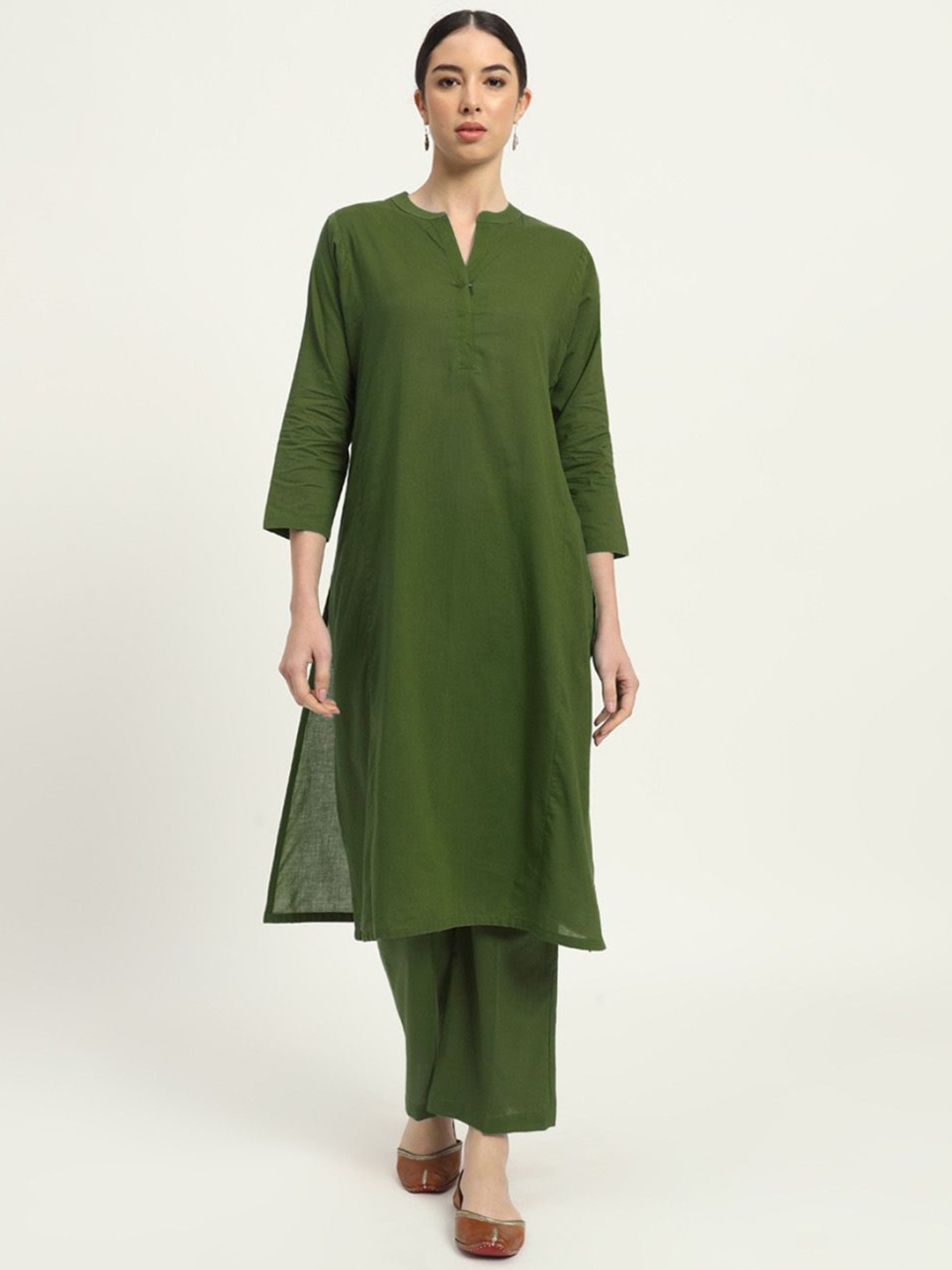 

Thevasa Everyday Bliss Mandarin Collar Pure Cotton Tunic With Trouser, Green