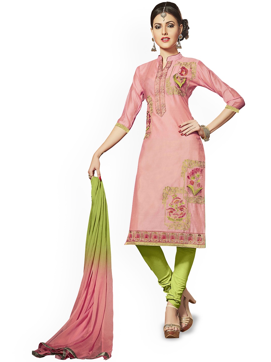 

HERE&NOW Floral Embroidered Unstitched Dress Material, Pink