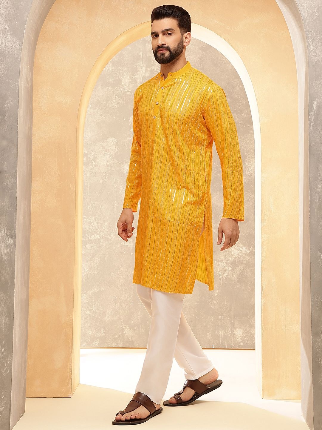 

Anouk Mustard Striped Embroidered Sequinned Mandarin Collar Pure Cotton Kurta With Pyjama