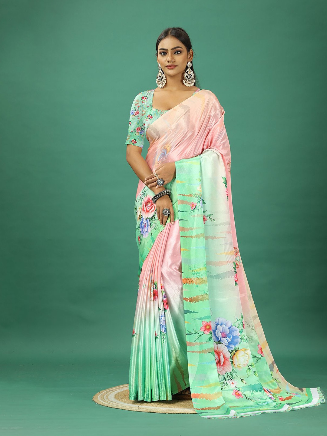 

NIRMAL CREATION Floral Printed Pure Crepe Saree, Green