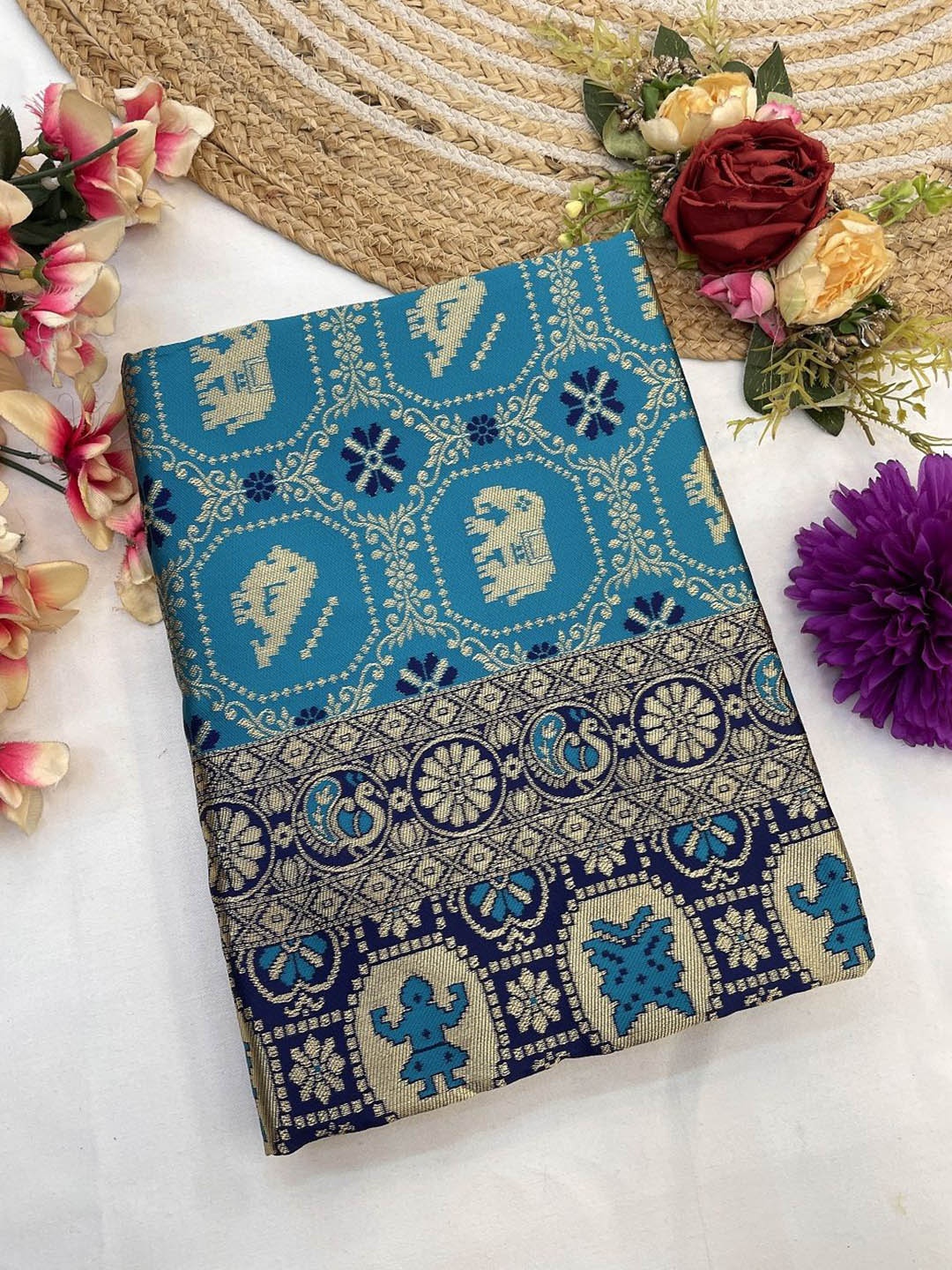 

S.K.C Woven Design Zari Border Banarasi Saree With Blouse Piece, Blue