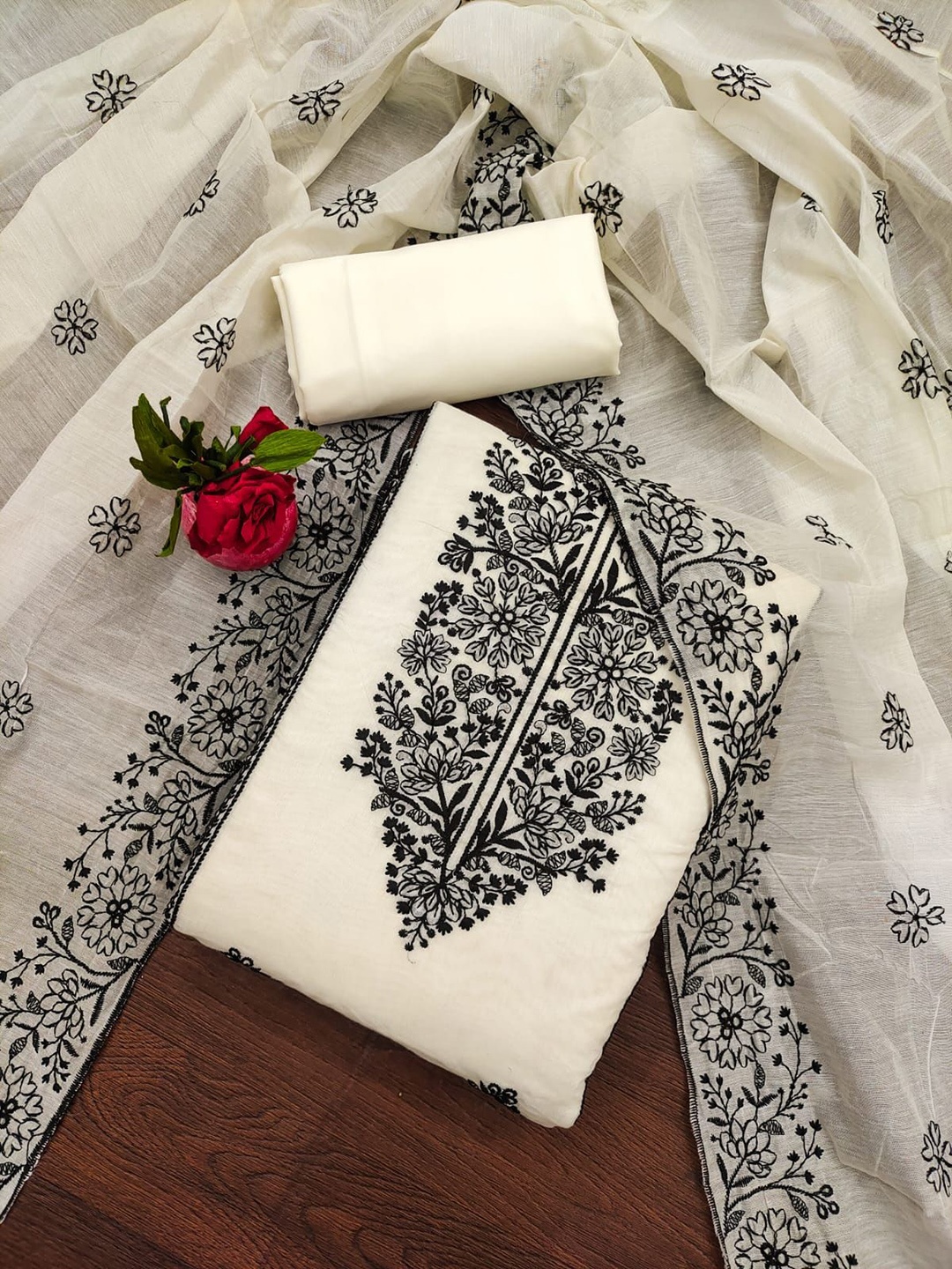 

BlissFlair Floral Embroidered Chanderi Cotton Unstitched Dress Material, Off white