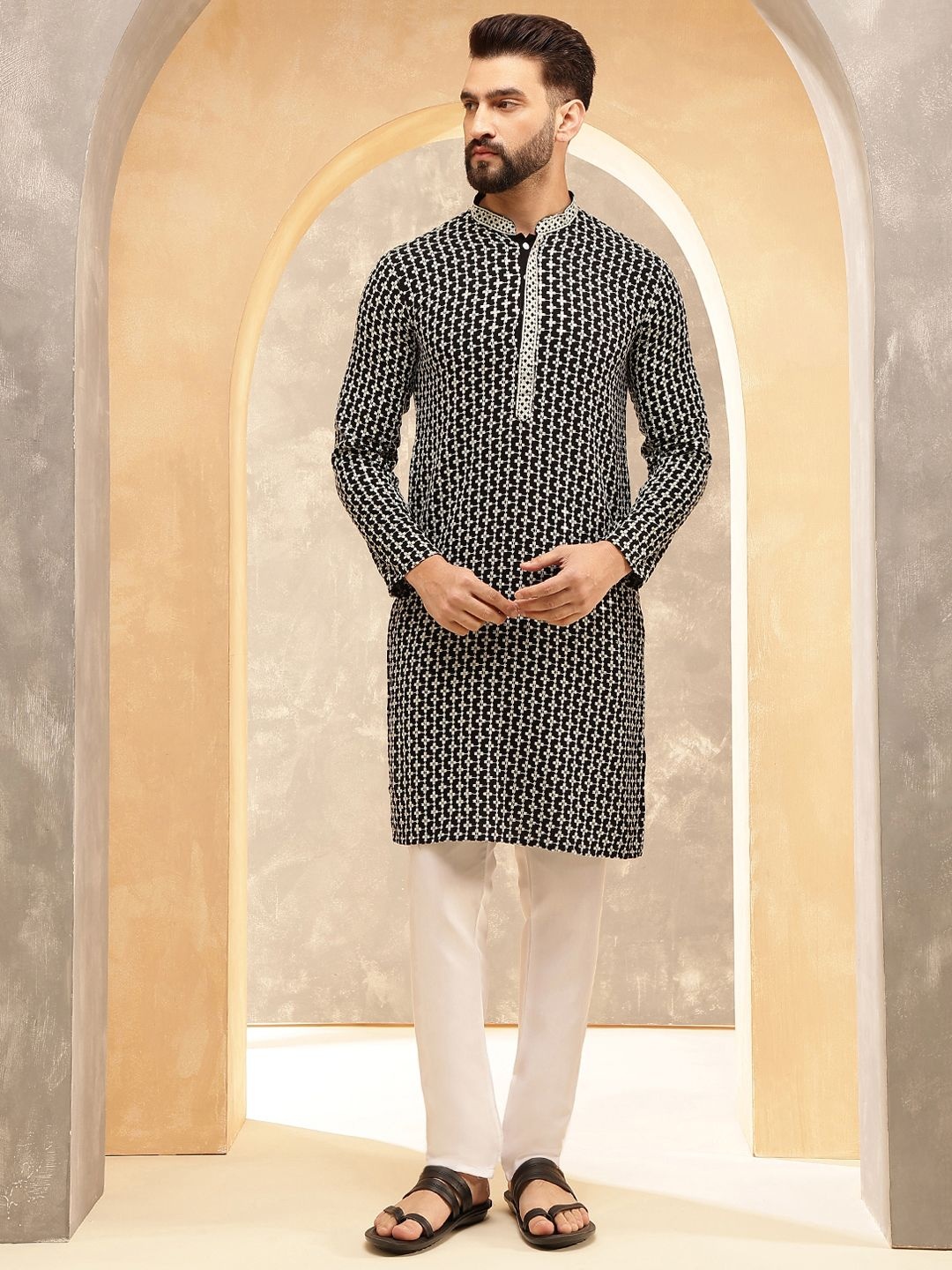 

Anouk Black Ethni Motifs Embroidered Pure Cotton Straight Kurta With Trousers