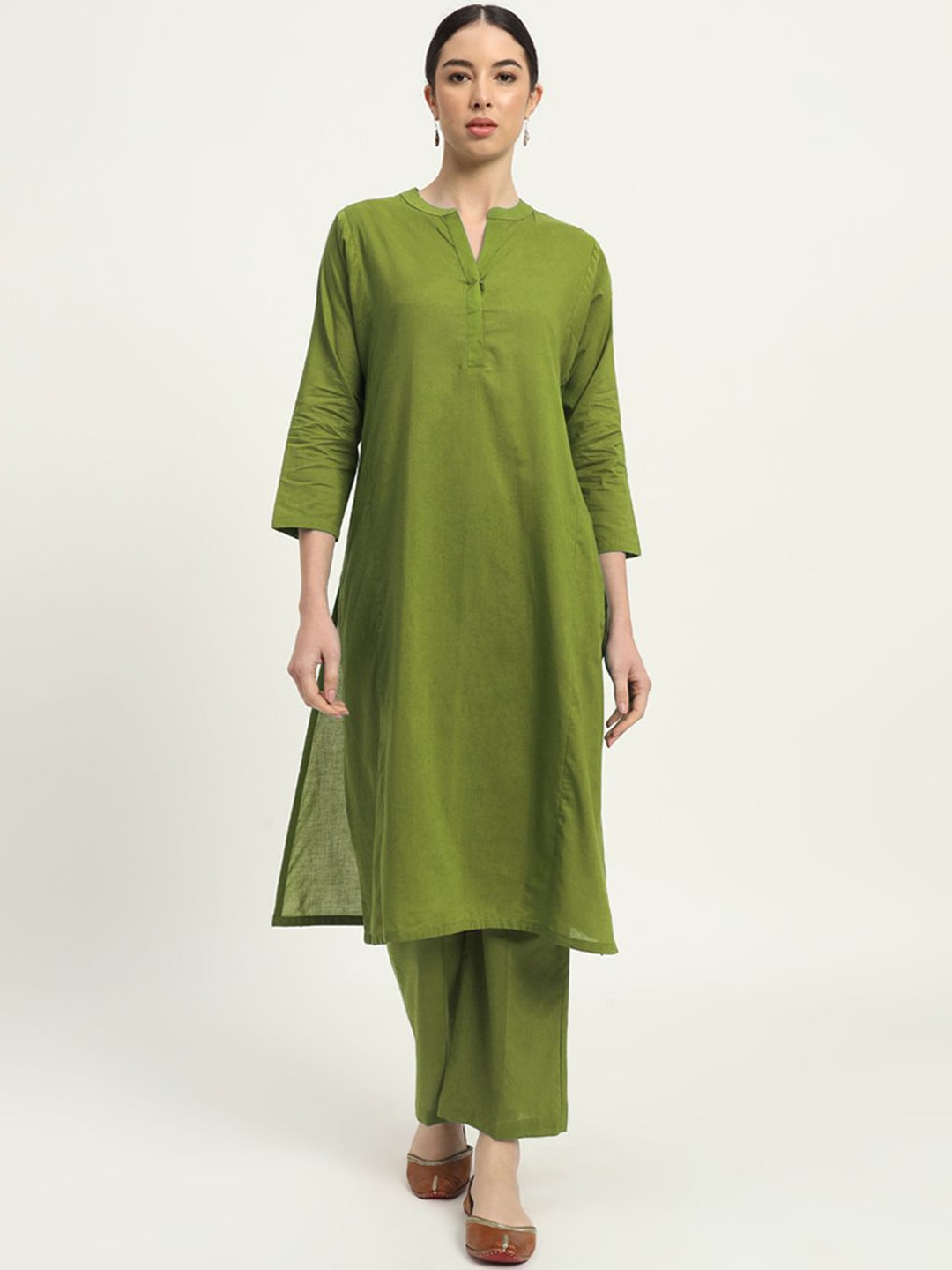 

Thevasa Everyday Bliss Mandarin Collar Pure Cotton Tunic With Trouser, Green