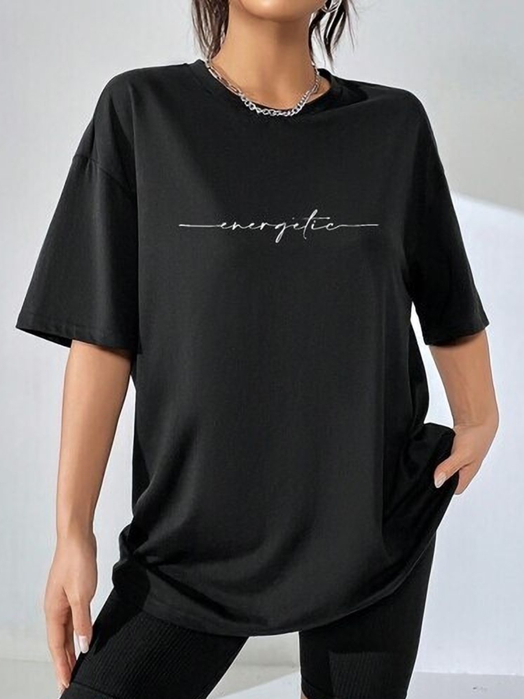 

SALUJA FABRICS Women Printed Drop-Shoulder Sleeves Pockets T-shirt, Black