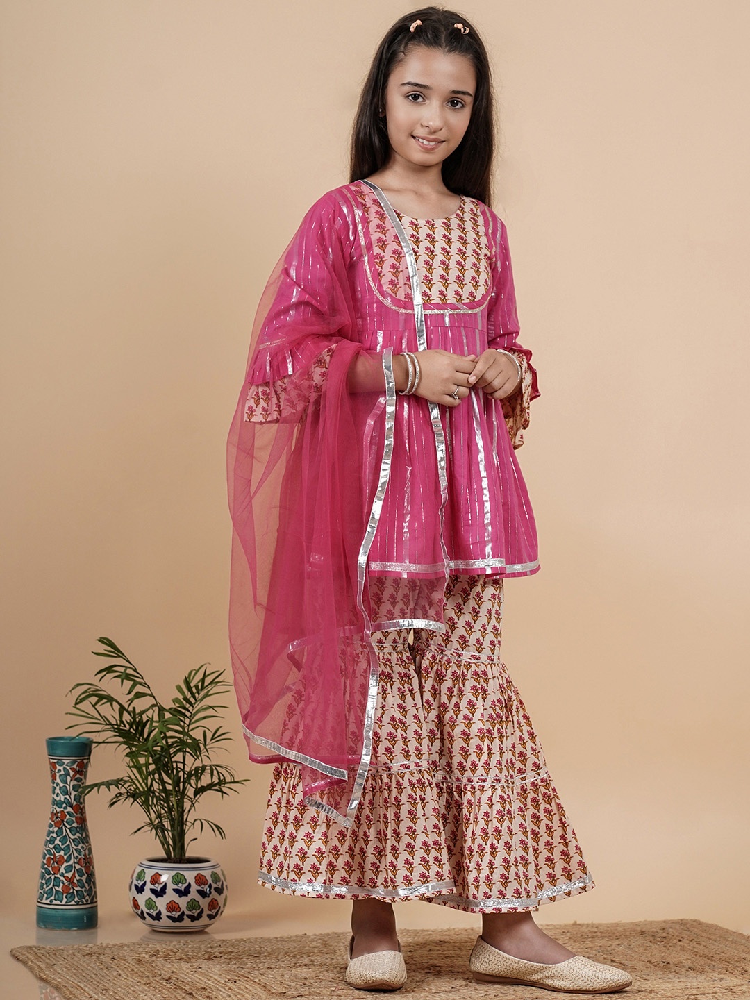 

TUNIYA Girls Floral Printed Gotta Patti Anarkali Kurta With Palazzos And Dupatta, Pink